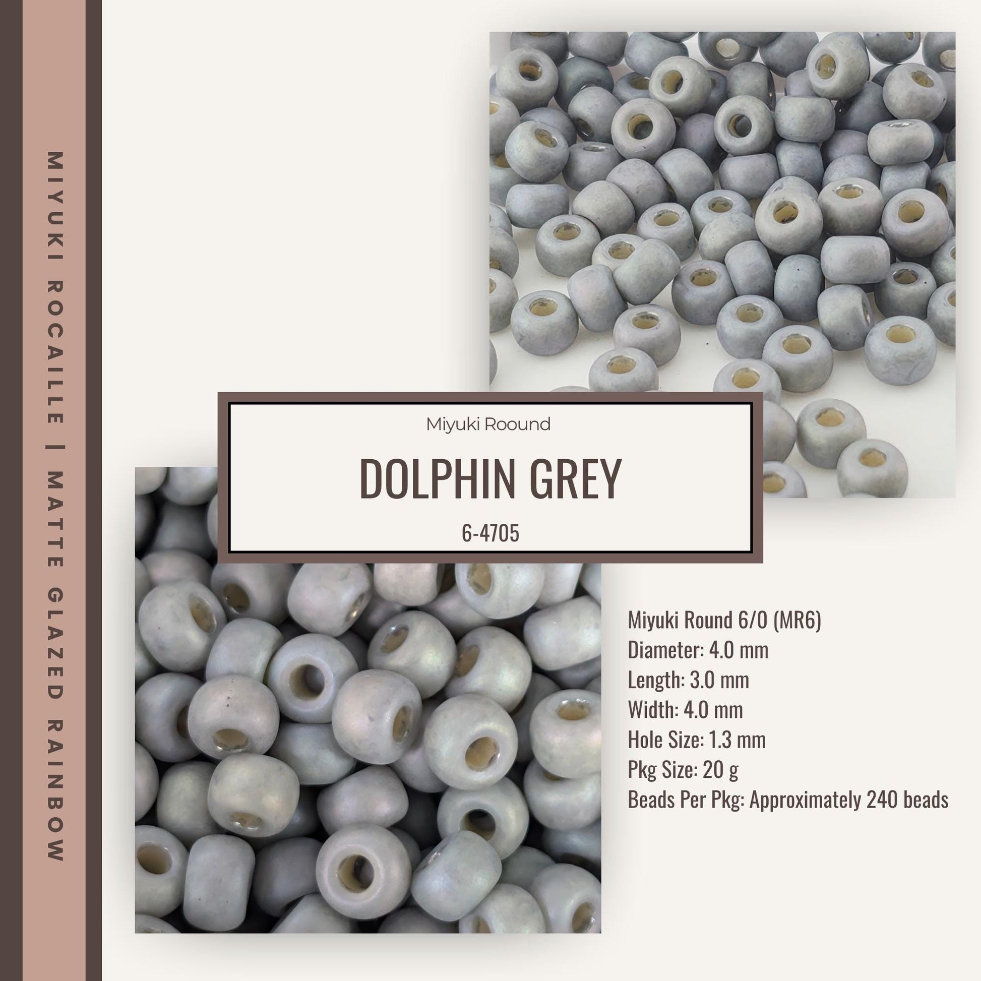 The image is a collage of two photographs. The top photograph shows a large pile of grey beads, while the bottom photograph displays a smaller pile of the same grey beads. The text in the image provides information about the beads, including their size, shape, and weight.