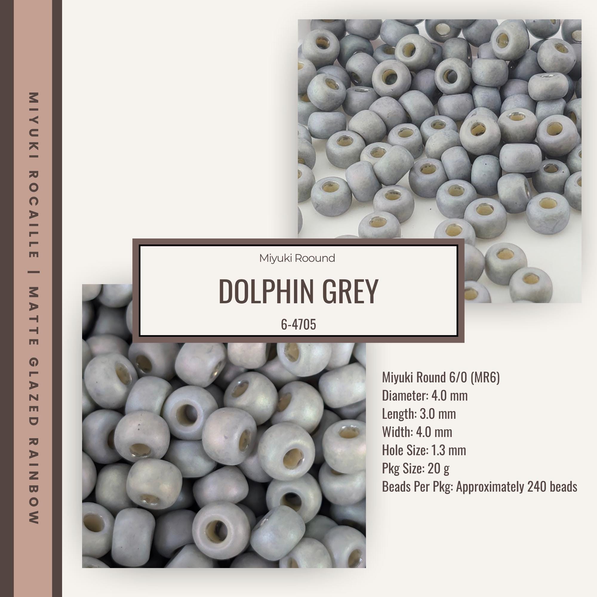The image is a collage of two photographs. The top photograph shows a large pile of grey beads, while the bottom photograph displays a smaller pile of the same grey beads. The text in the image provides information about the beads, including their size, shape, and weight.