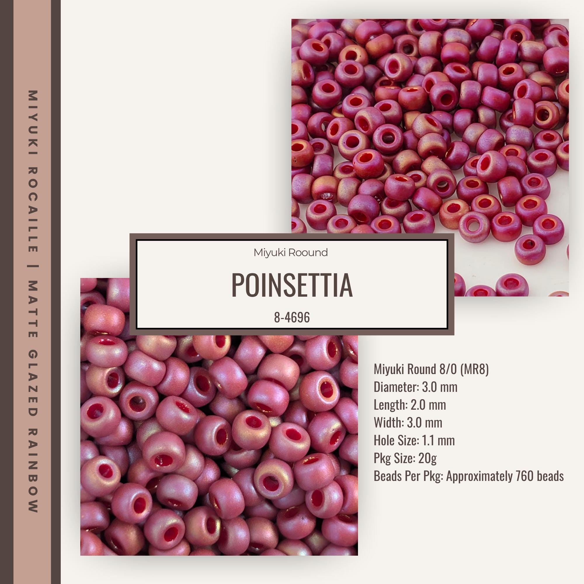 The image is a collage of two images showing a collection of pink beads, specifically Poinsettia beads. The collage includes a close-up of the beads and a larger image showing the beads in a more abstract setting.