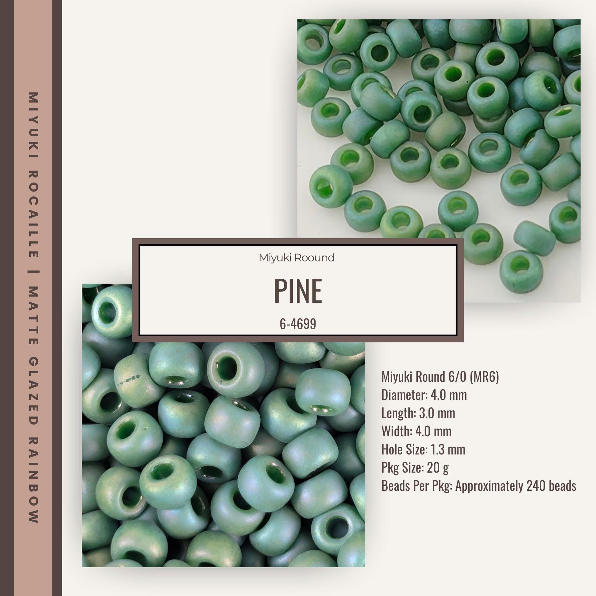 The image is a collage of two photos. The top photo shows a close-up of a pile of green beads, while the bottom photo displays a close-up of a pile of green beads. The text in the image provides information about the beads, including their size, shape, and material.