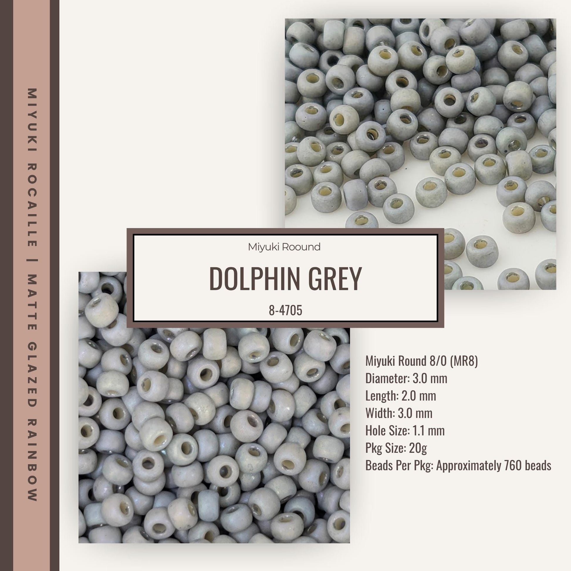 The image is a collage of two images showing different sizes of grey beads, with a focus on the grey beads in the center.