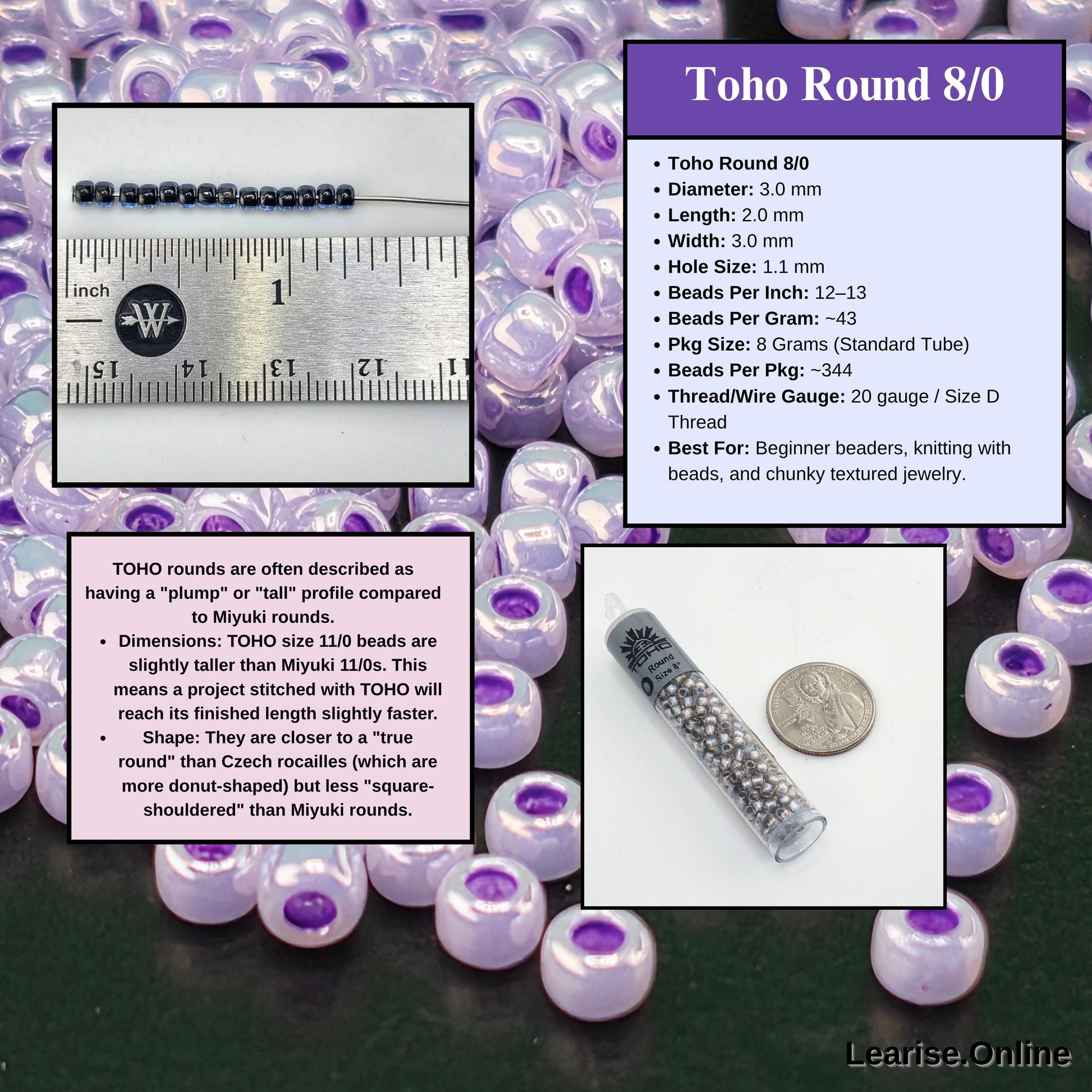 Ceylon Size 8 Toho Japanese Glass Seed Beads - 2.5" Tube