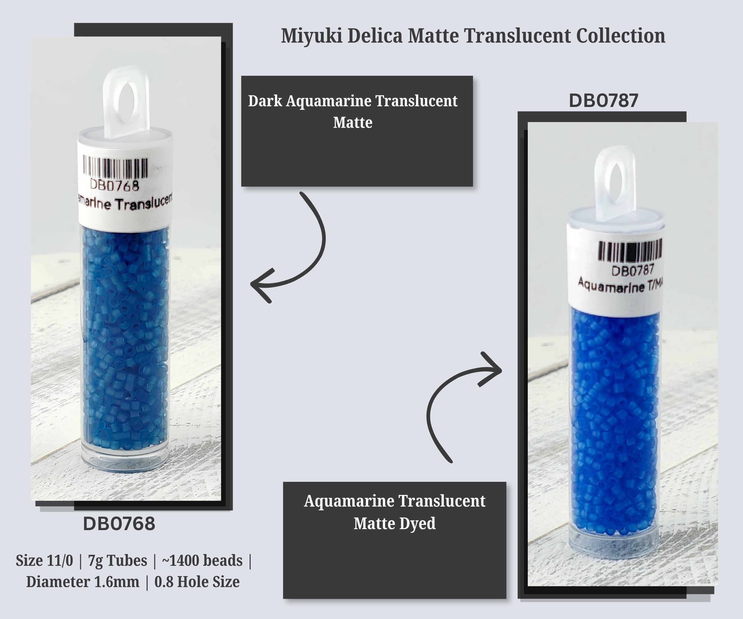 The image is a collage of two images showing two different types of blue beads, one labeled "Dark Aquamarine Translucent" and the other labeled "Aquamarine Translucent Matted".