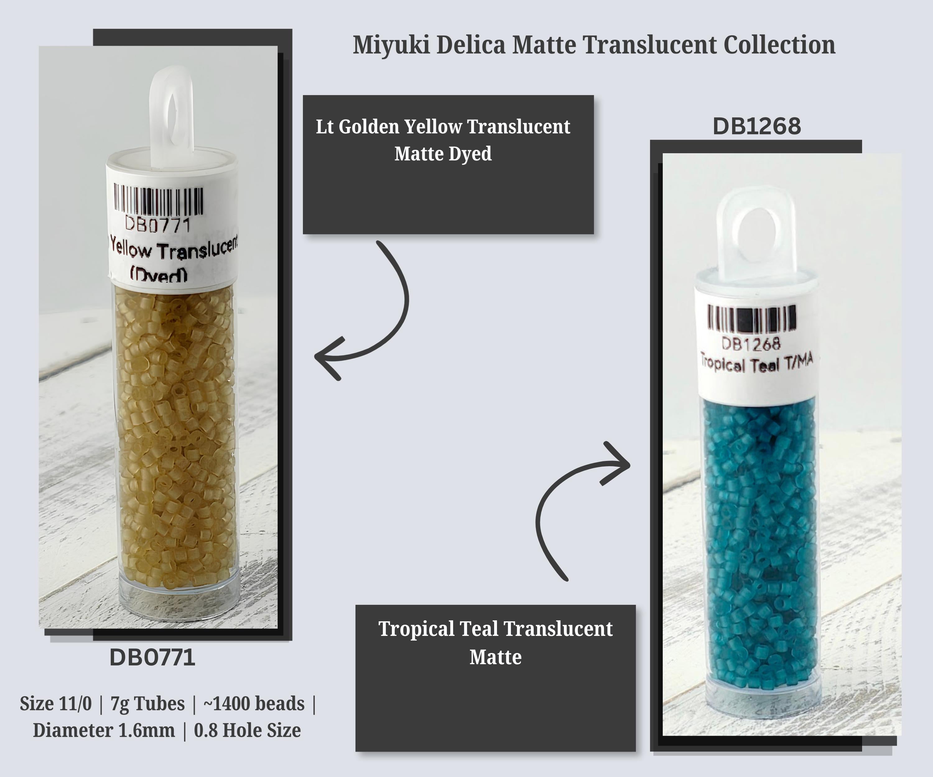 two containers of Miyuki Delica Matte Translucent Collection beads, one in gold and one in blue. The gold container is labeled "D07771" and the blue container is labeled "DB1268". The gold container is described as "Lt Golden Yellow Translucent" and the blue container is described as "Tropical Teal Matte". The image is a collage of two photos, one showing the gold container and the other showing the blue container.