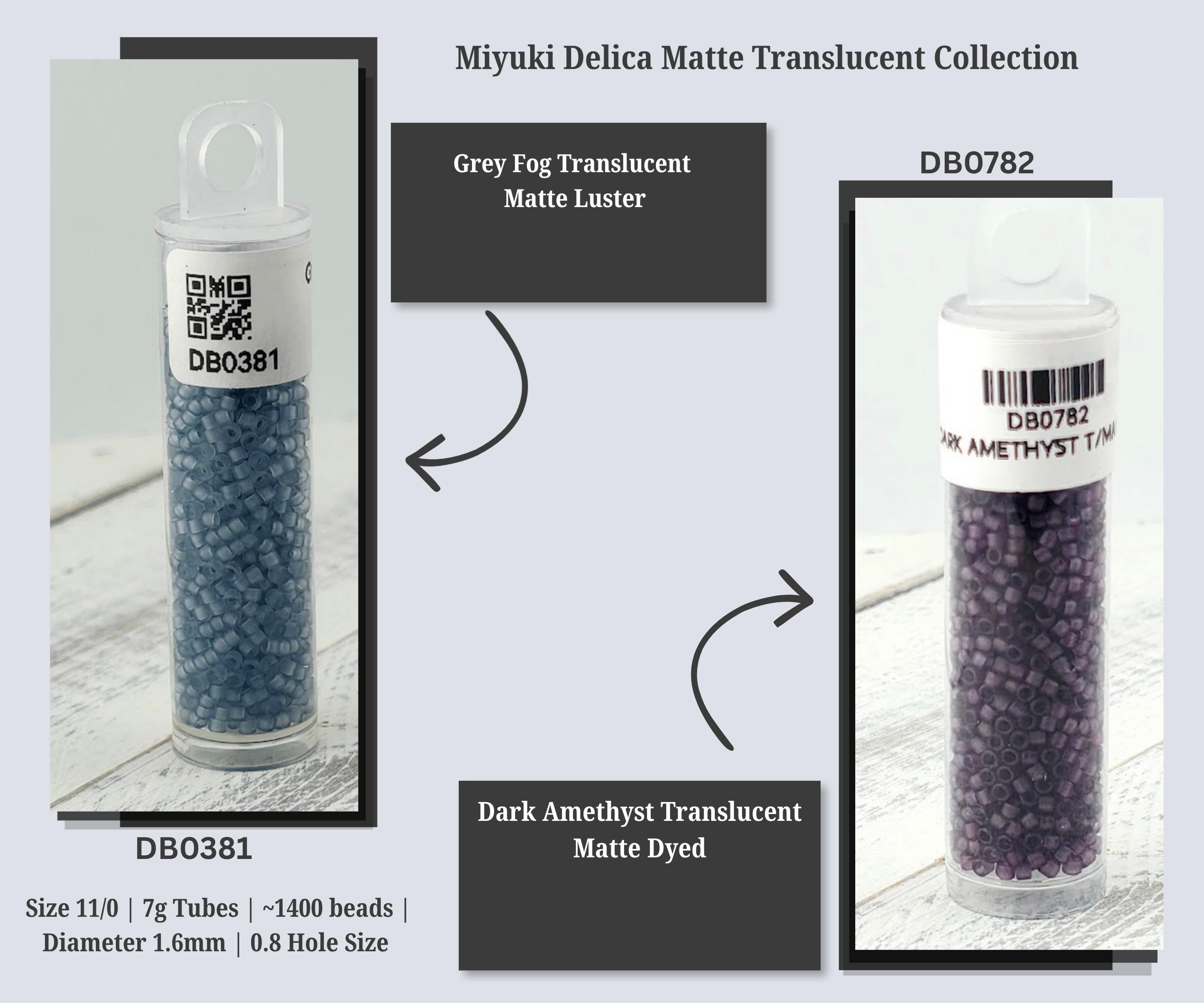 The image is a collage of two images showing two different colored transparent bead containers. The first container is grey fog transparent and has a label that reads "DB0782 Grey Fog Translucent Mattte Luster". The second container is dark purple and has a label that reads "DB0782 Dark Amethyst Translucent Mattte Dye". The containers are labeled with their respective contents and sizes.