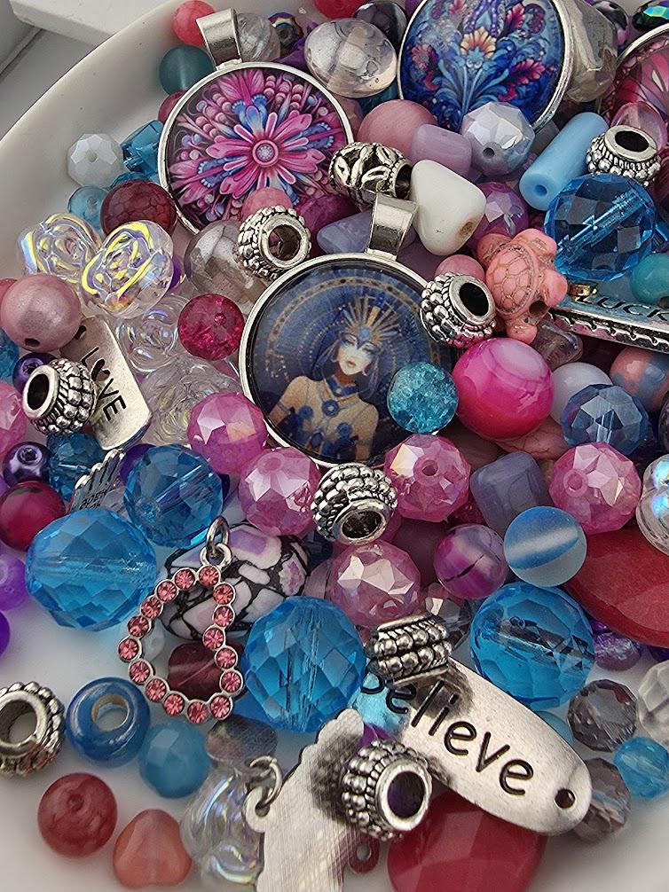Mulberry and Rose Bead Soup Mix | Mulberry, Rose and Black Glass Beads | LOVE Charm and Crystal Heart Pendants | DIY Jewelry Making
