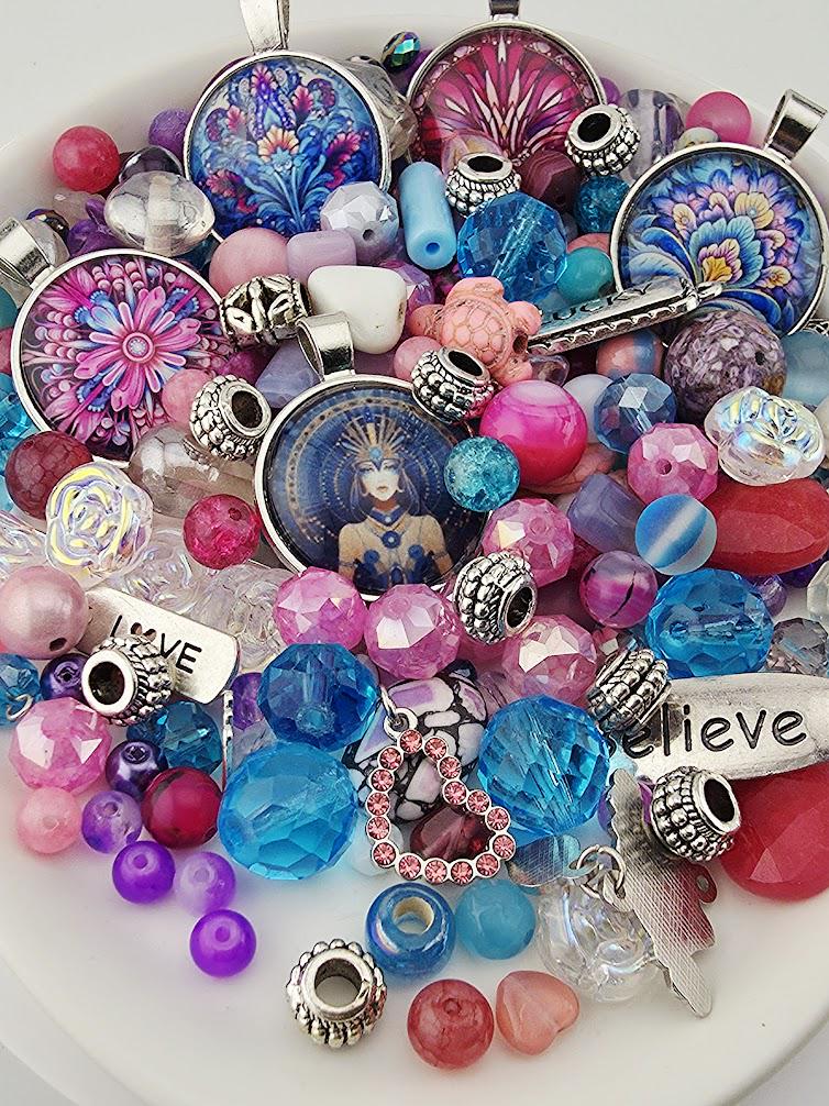 Mulberry and Rose Bead Soup Mix | Mulberry, Rose and Black Glass Beads | LOVE Charm and Crystal Heart Pendants | DIY Jewelry Making
