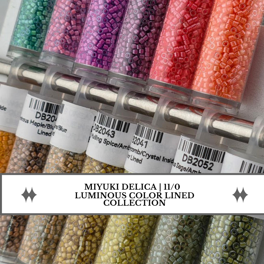 a collection of colorful beads in various sizes and colors, arranged in rows and columns. The beads are labeled with their names and are organized in a visually appealing manner.