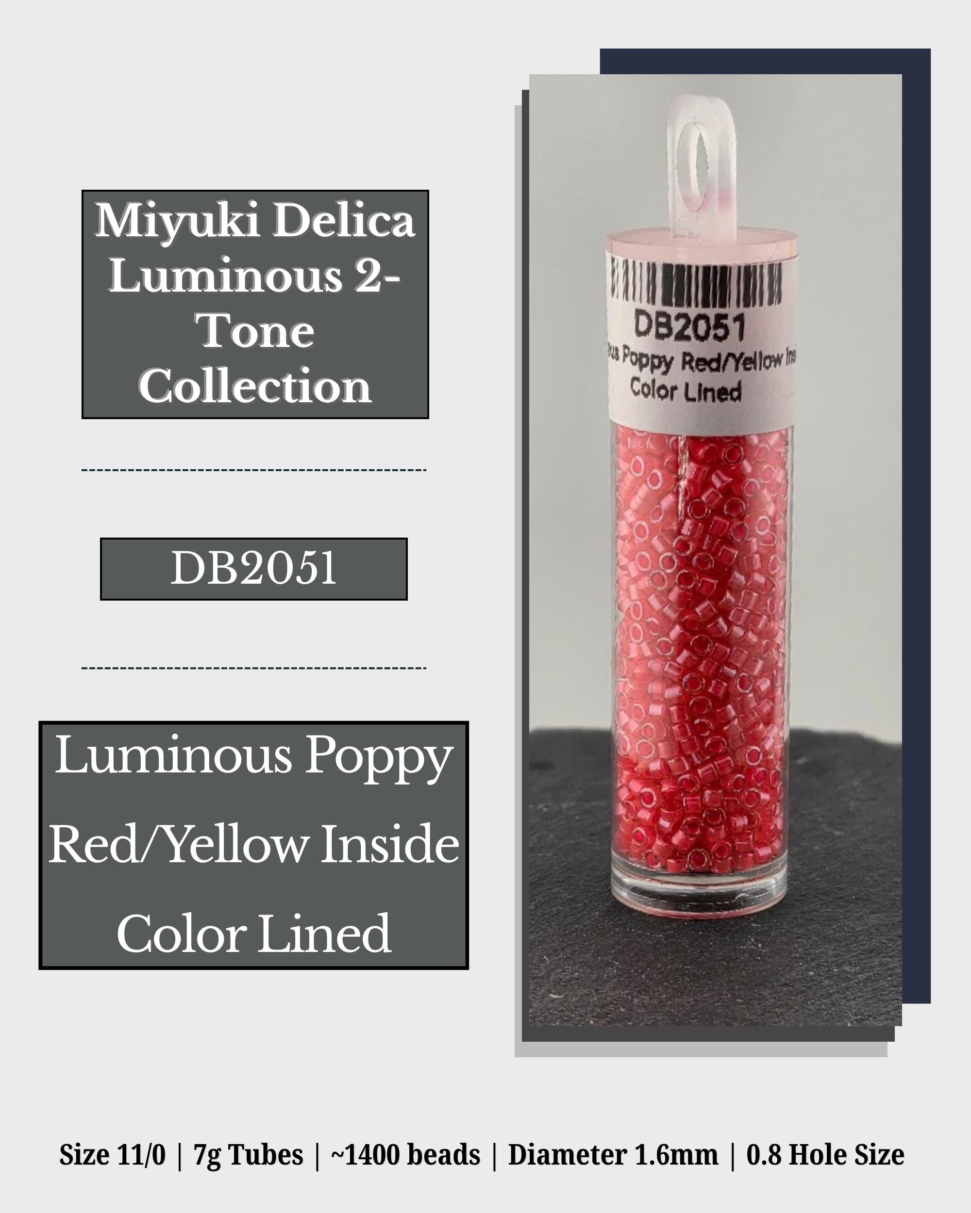 The image is a product advertisement for a collection of luminous poppy seeds. It features a close-up of a clear glass tube filled with red and yellow poppy seeds, labeled as "Luminous Poppy Red/Yellow Inside Color Lined". The advertisement provides details about the product, including its size, weight, and dimensions, as well as the color-lined design.