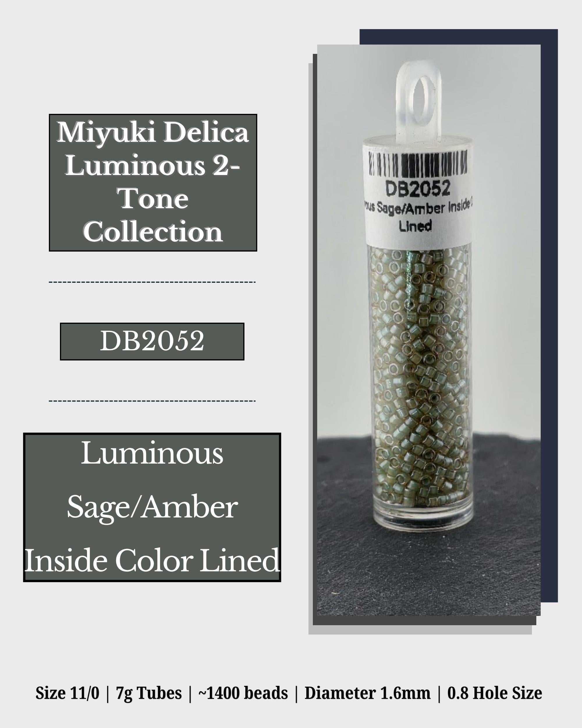 a clear glass tube filled with green beads, labeled as "Miyuki Delica Luminous 2- Tone Collection" and "DB2052". The tube is lined with a black material, and the image includes text describing the size, material, and dimensions of the beads.