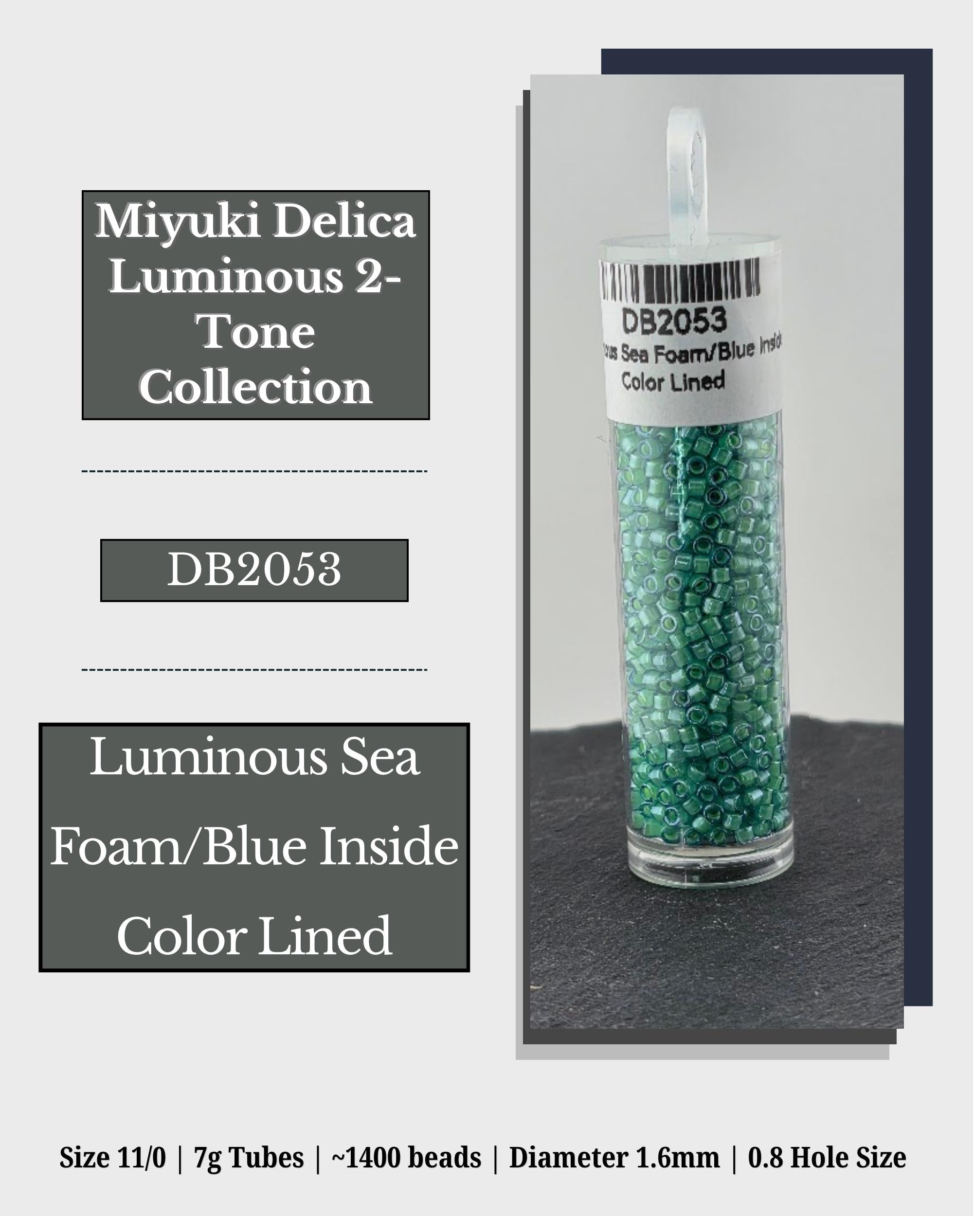 The image is a collage of two images. The collage features a clear glass tube filled with green beads, labeled as "Miyuki Delica Luminous 2- Tone Collection" and "DB2053". The tube is described as having a "Luminous Sea Foam/Blue Inside Color Lined" and is shown to be 11/0 (7g) tubes, with a total of 1400 beads. The dimensions of the tube are 1.6mm in diameter and 0.8hole size.