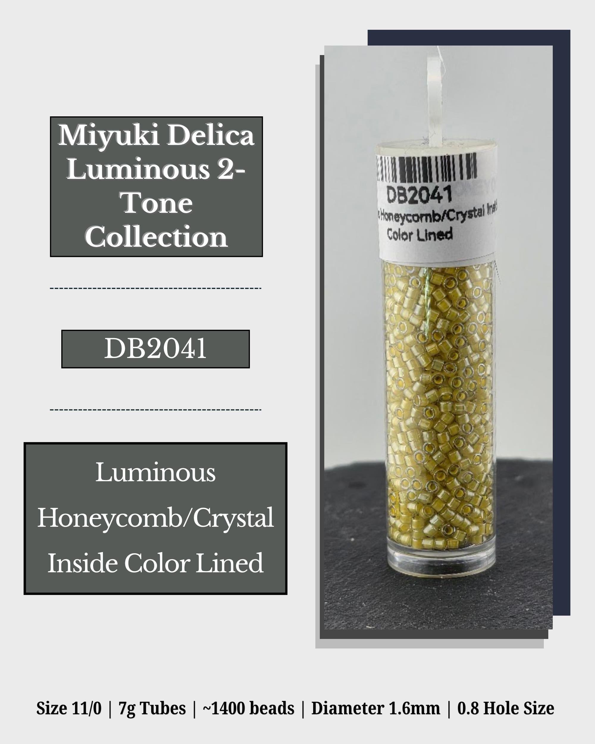 The image is a product advertisement for the Miyuki Delica Luminous 2-tone Collection. It features a clear glass tube filled with yellow beads, labeled as honeycomb/crystal inside color-lined 7g tubes. The advertisement provides details about the product, including its size, weight, and dimensions, as well as its color-lined nature.