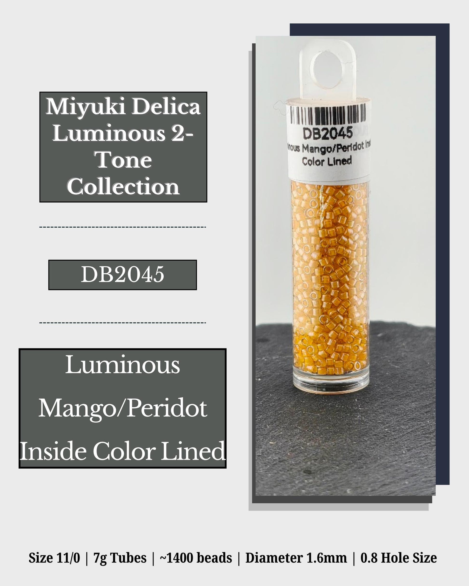 a cylindrical container filled with yellow beads, labeled as a luminous mango/peridot tone collection. The container has a hole at the top, and the label indicates that it is a size 11/0 7g tubes with 1400 beads. The dimensions of the container are 1.6mm in diameter and 0.8hole size.