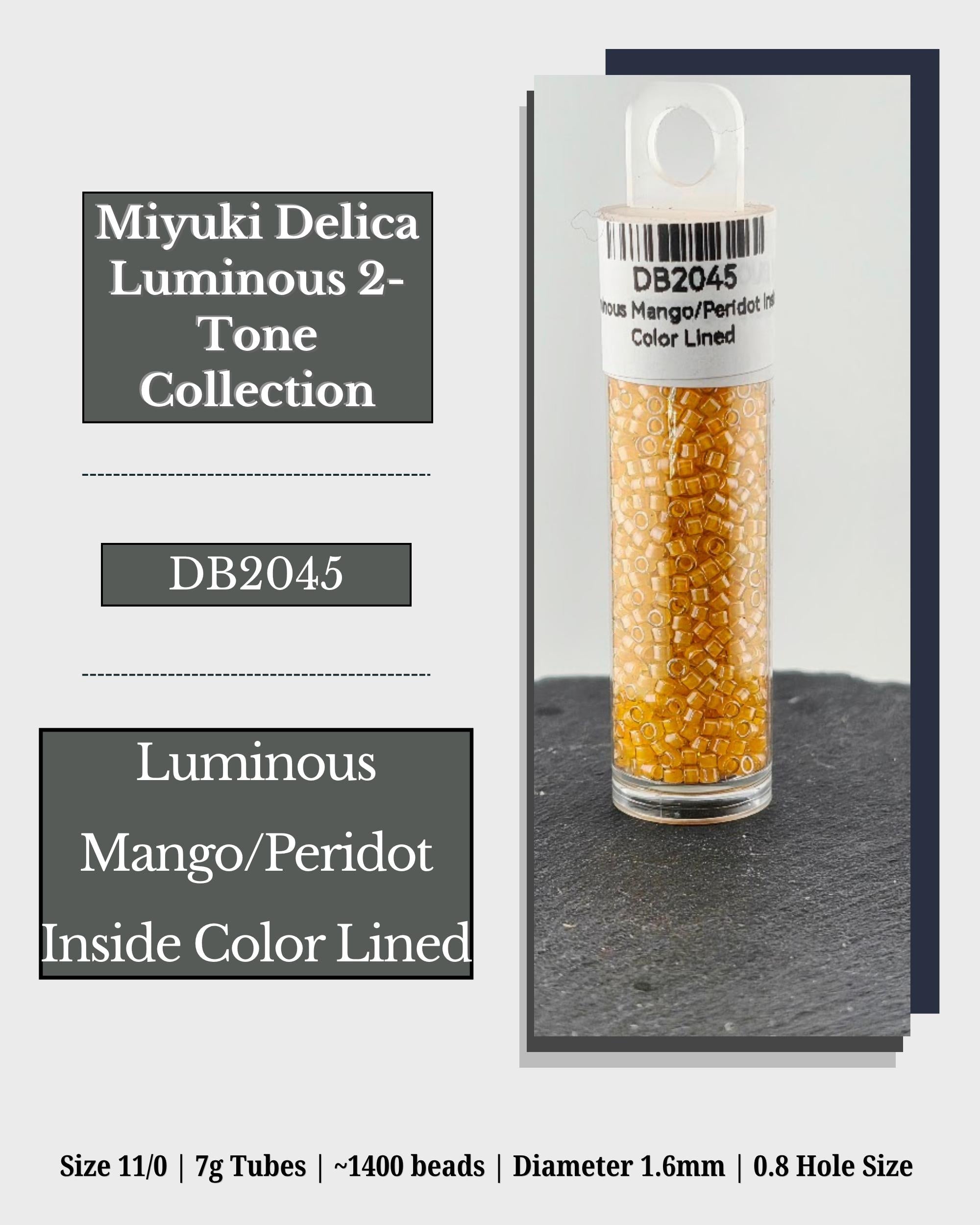 a cylindrical container filled with yellow beads, labeled as a luminous mango/peridot tone collection. The container has a hole at the top, and the label indicates that it is a size 11/0 7g tubes with 1400 beads. The dimensions of the container are 1.6mm in diameter and 0.8hole size.