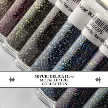 a collection of colorful beads in glass containers, with labels indicating the contents as "Dark Rainbow" and "Miyuki Delica | 11/0 Metallic Iris Collection".