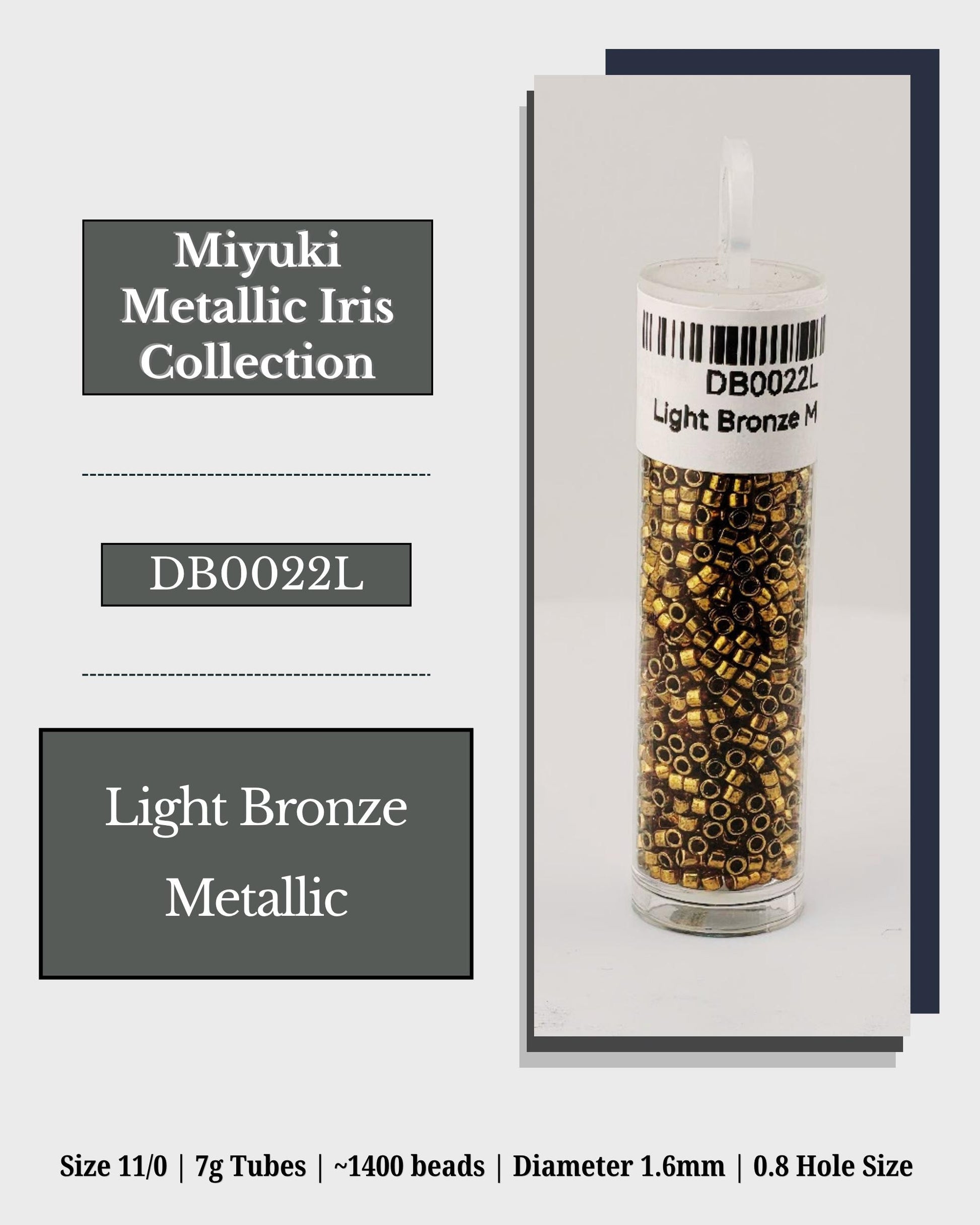 The image is a product advertisement for the Miyuki Metallic Iris Collection. It features a clear glass tube filled with gold metallic beads, labeled as Light Bronze Metallic. The advertisement provides details about the product, including its size, weight, and dimensions.