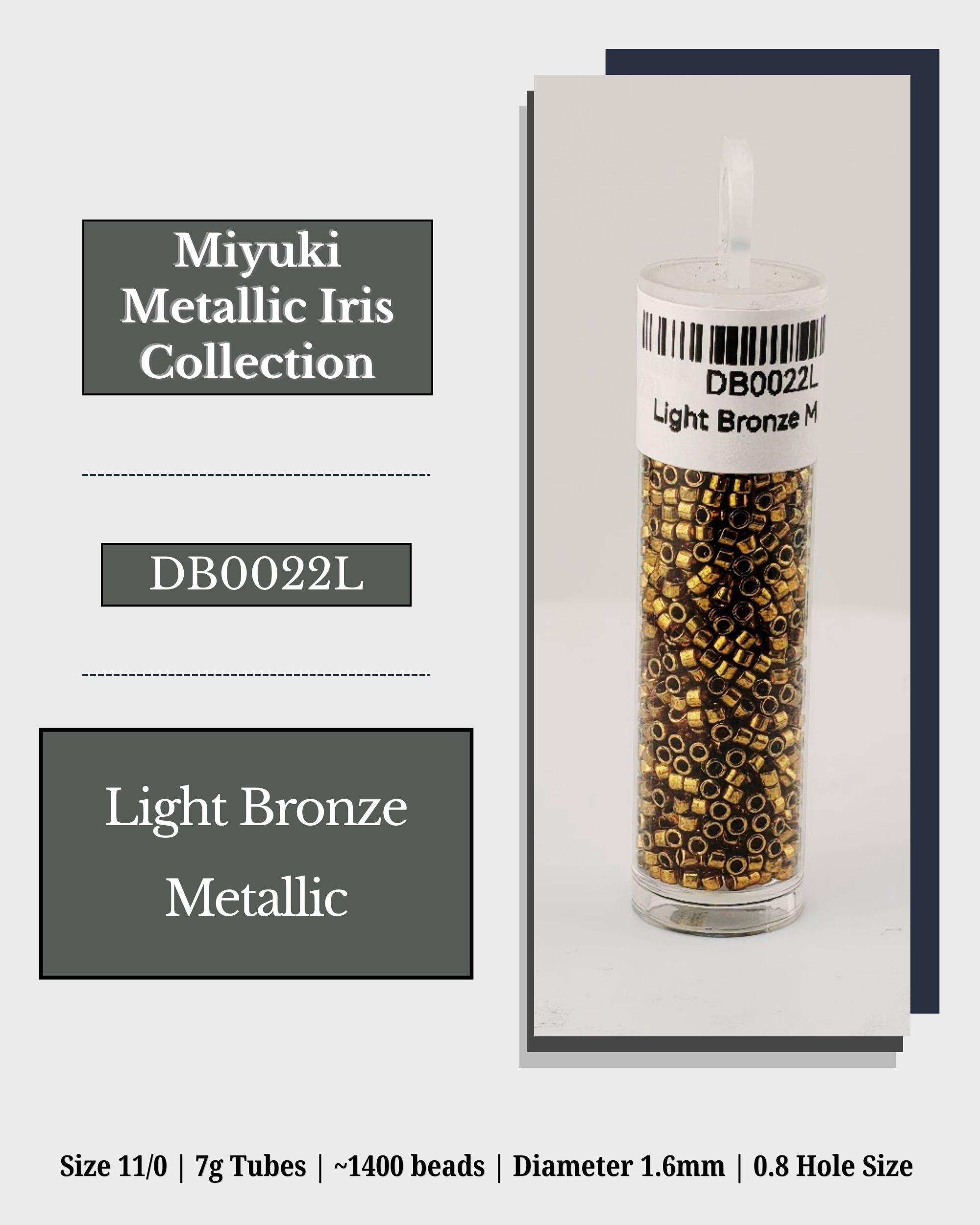 The image is a product advertisement for the Miyuki Metallic Iris Collection. It features a clear glass tube filled with gold metallic beads, labeled as Light Bronze Metallic. The advertisement provides details about the product, including its size, weight, and dimensions.