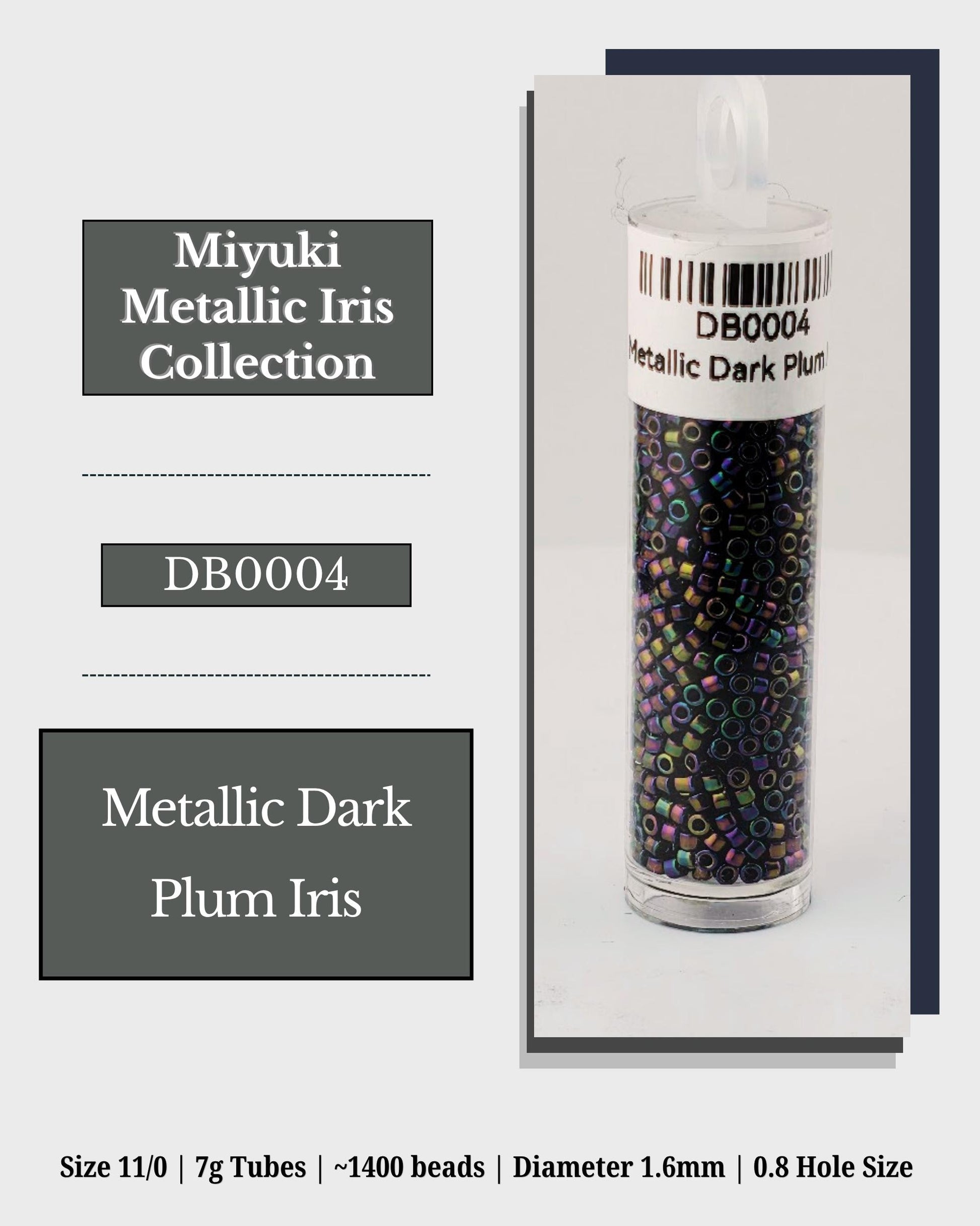 The image is a product advertisement for a collection of beads, specifically metallic dark plum iris beads. The advertisement provides details about the product, including its size, material, and dimensions.
