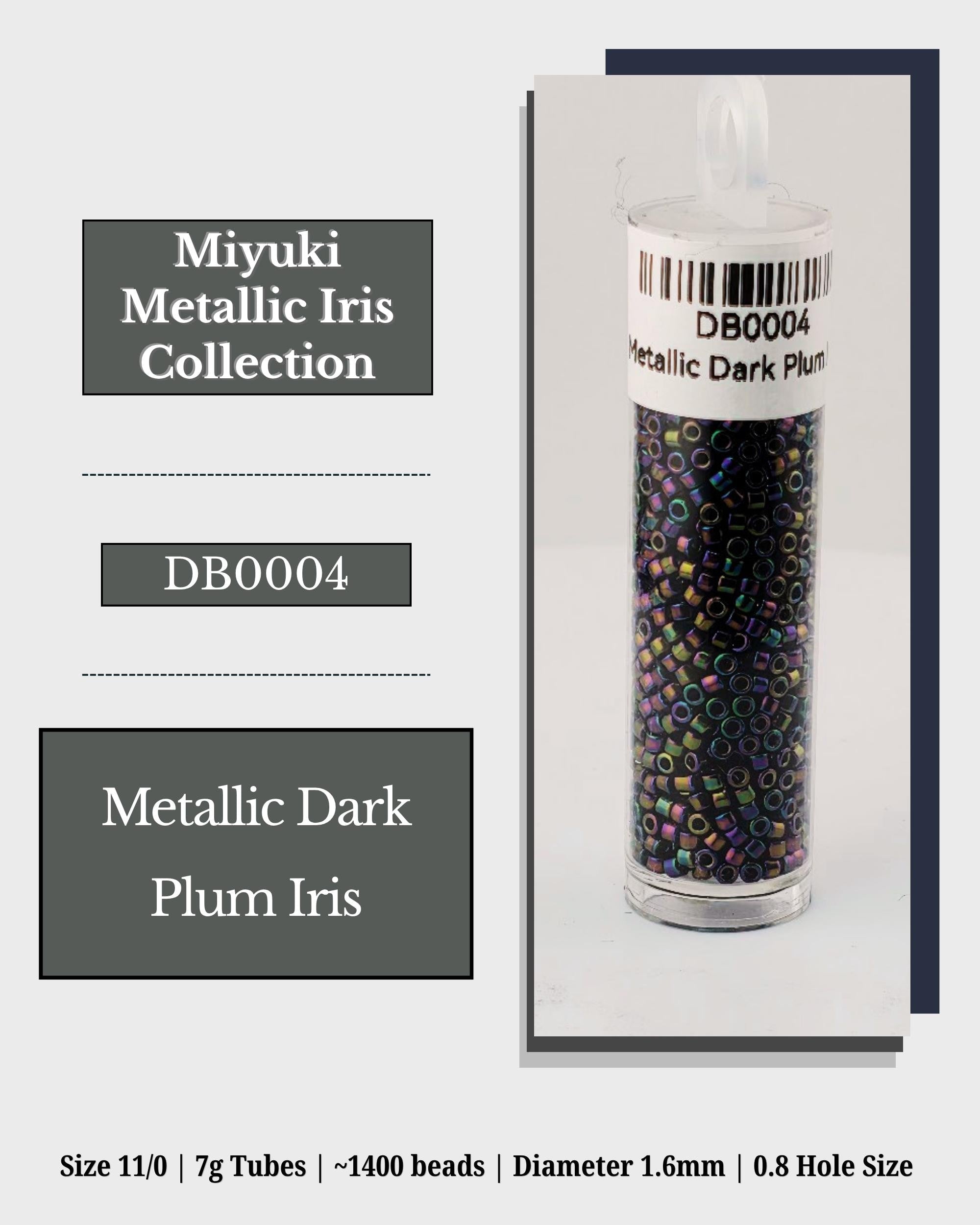 The image is a product advertisement for a collection of beads, specifically metallic dark plum iris beads. The advertisement provides details about the product, including its size, material, and dimensions.