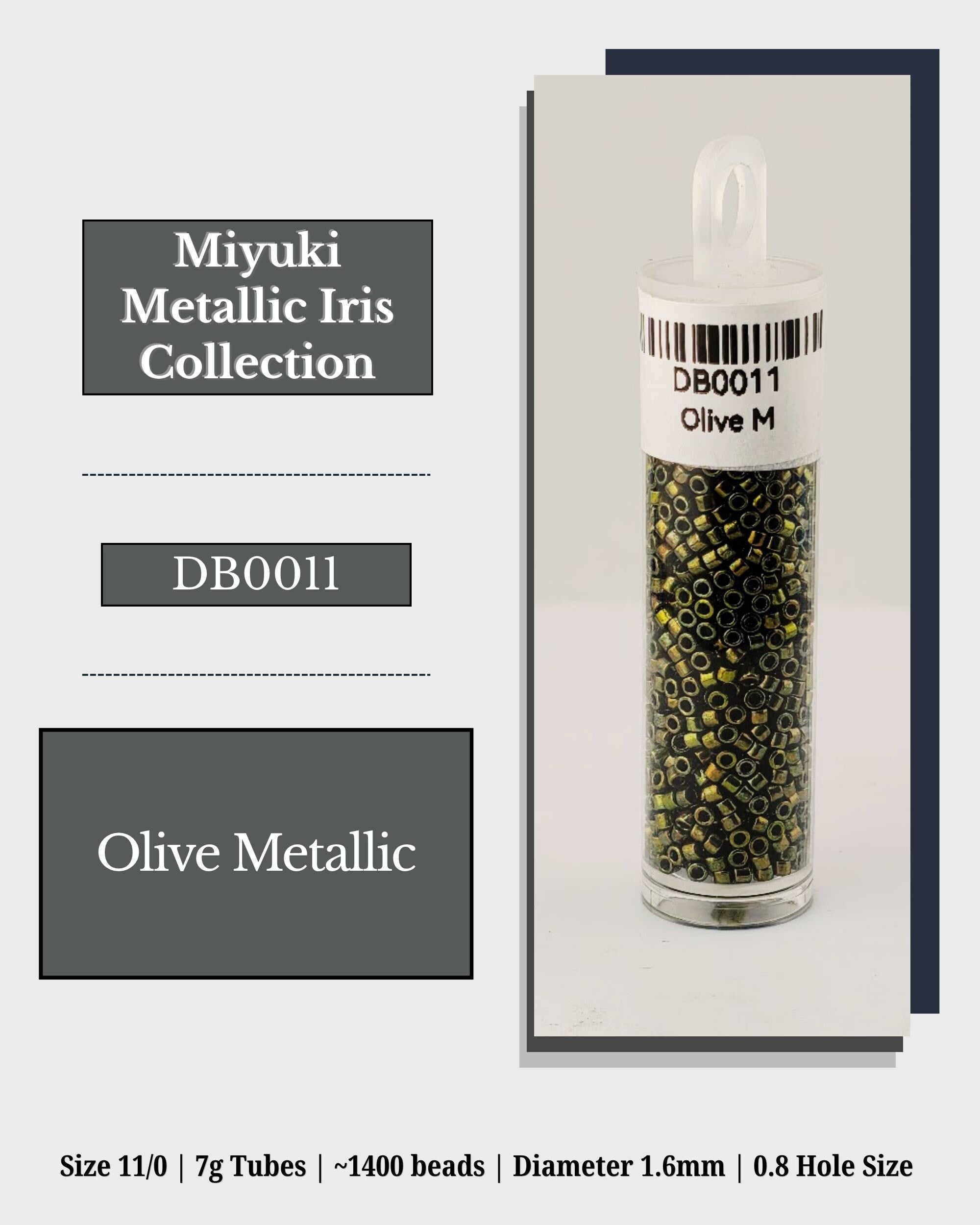 The image is a product advertisement for the Miyuki Metallic Iris Collection. It features a clear glass tube filled with olive metallic beads, labeled as Olive Metallic. The advertisement provides details about the product, including its size, dimensions, and hole size.