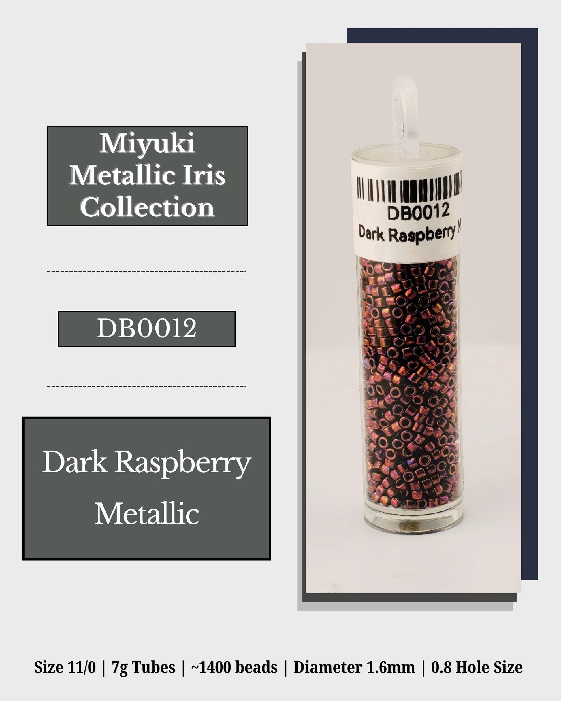 The image is a product advertisement for the Miyuki Metallic Iris Collection. It features a clear glass tube filled with dark raspberry metallic beads, labeled as "Dark Raspberry Metallic". The advertisement provides details about the product, including its size, weight, and dimensions, as well as the hole size.