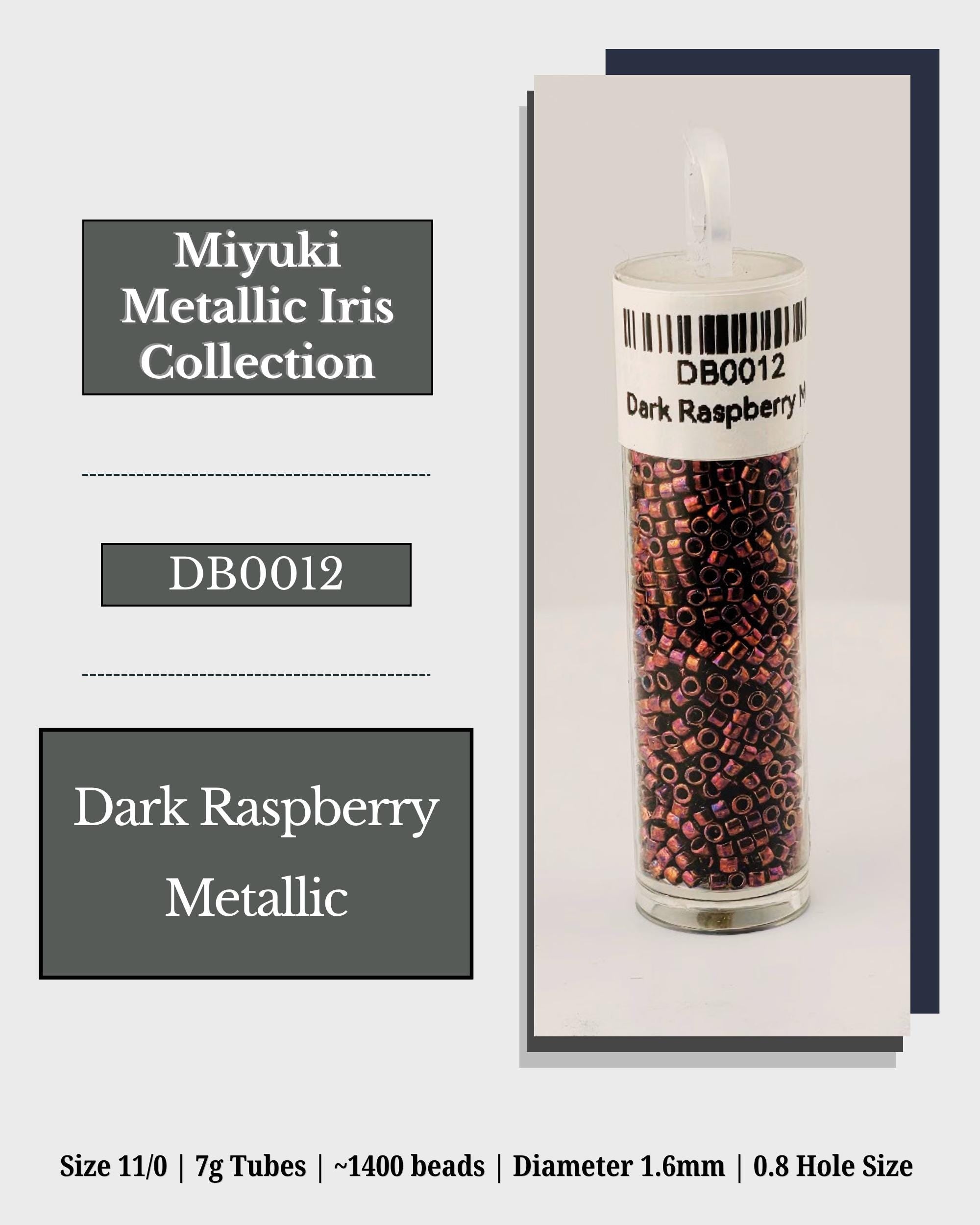 The image is a product advertisement for the Miyuki Metallic Iris Collection. It features a clear glass tube filled with dark raspberry metallic beads, labeled as "Dark Raspberry Metallic". The advertisement provides details about the product, including its size, weight, and dimensions, as well as the hole size.