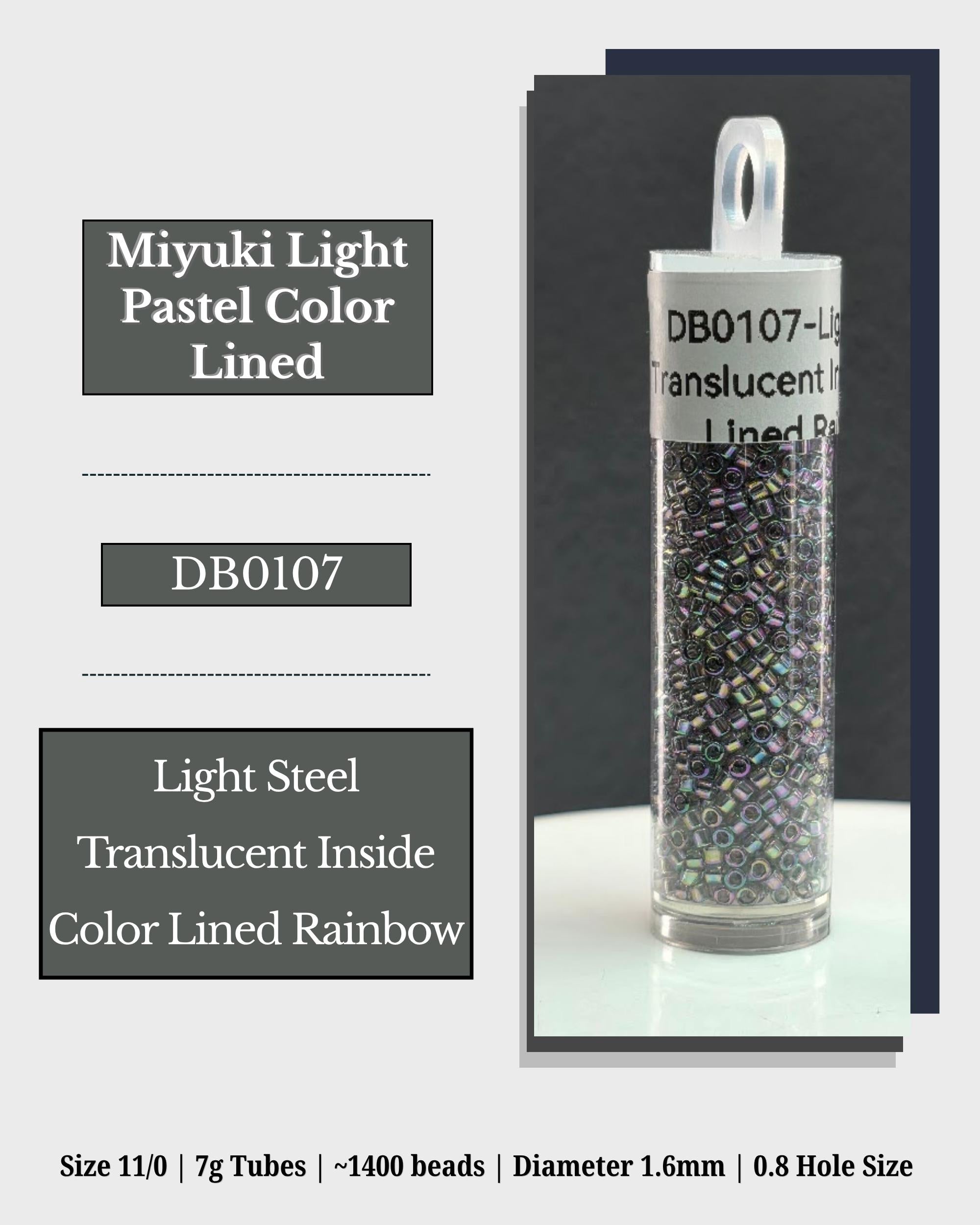 a clear glass tube filled with multicolored beads, labeled as a light steel translucent inside lined rainbow beads.
