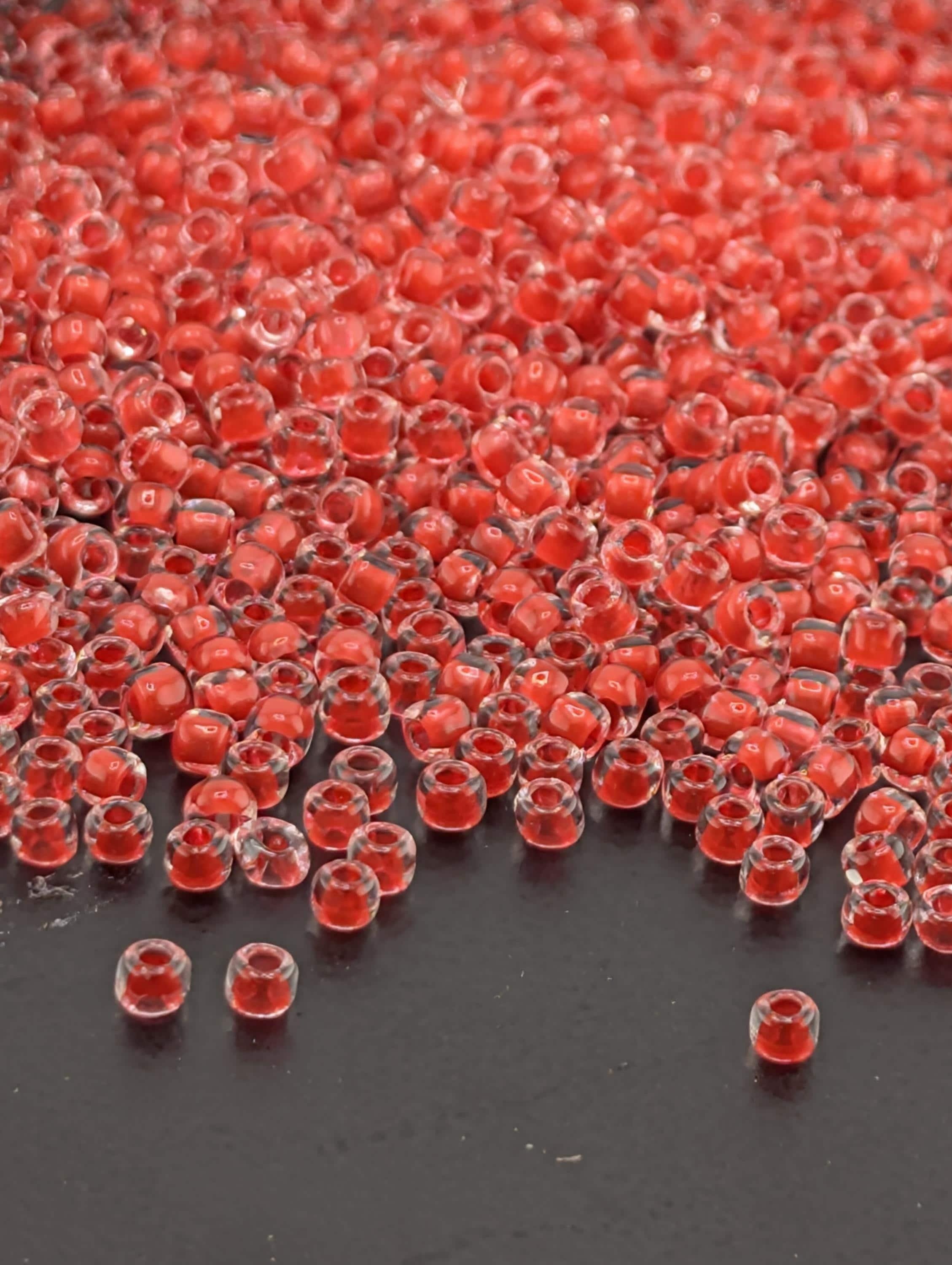 Matsuno Seed Beads: Translucent Inside Dyed Red - 11/0 Round Glass