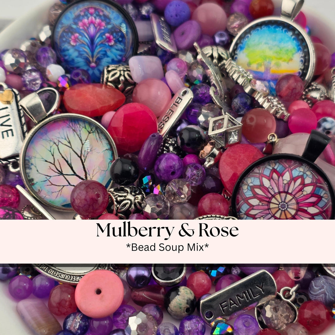A colorful assortment of beads, charms, and other decorative items, including a variety of gemstones and beads in shades of pink, purple, and blue.