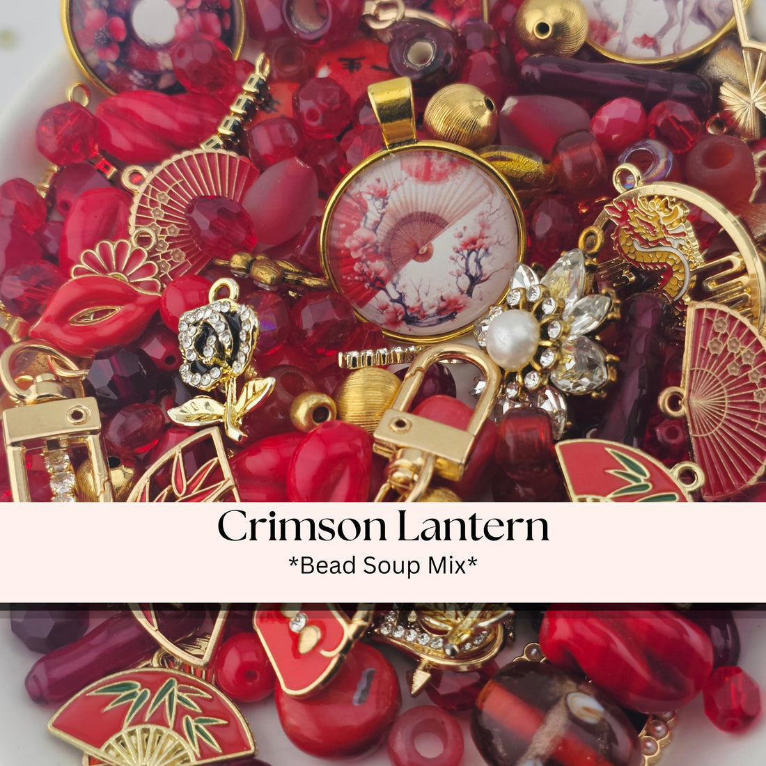 The image is a collage of various red and gold jewelry pieces, including beads, charms, and pendants, arranged in a visually appealing manner.
