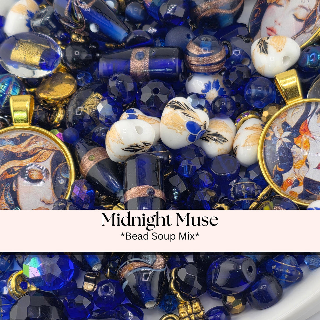 The image is a close-up of various blue and gold beads, charms, and pendants, including some with intricate designs.