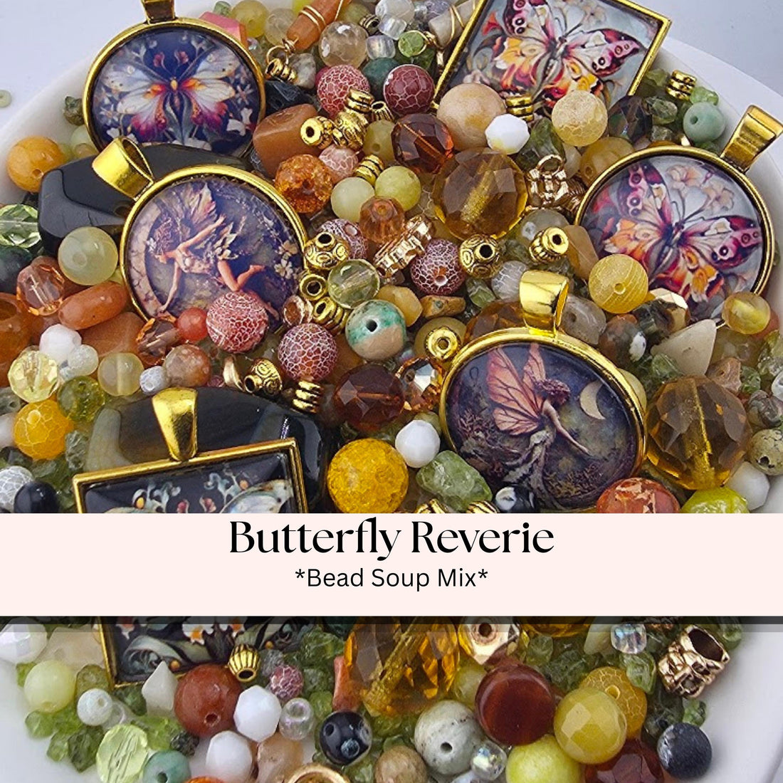 A collection of colorful beads, charms, and pendants, including some with butterfly designs, arranged on a surface.