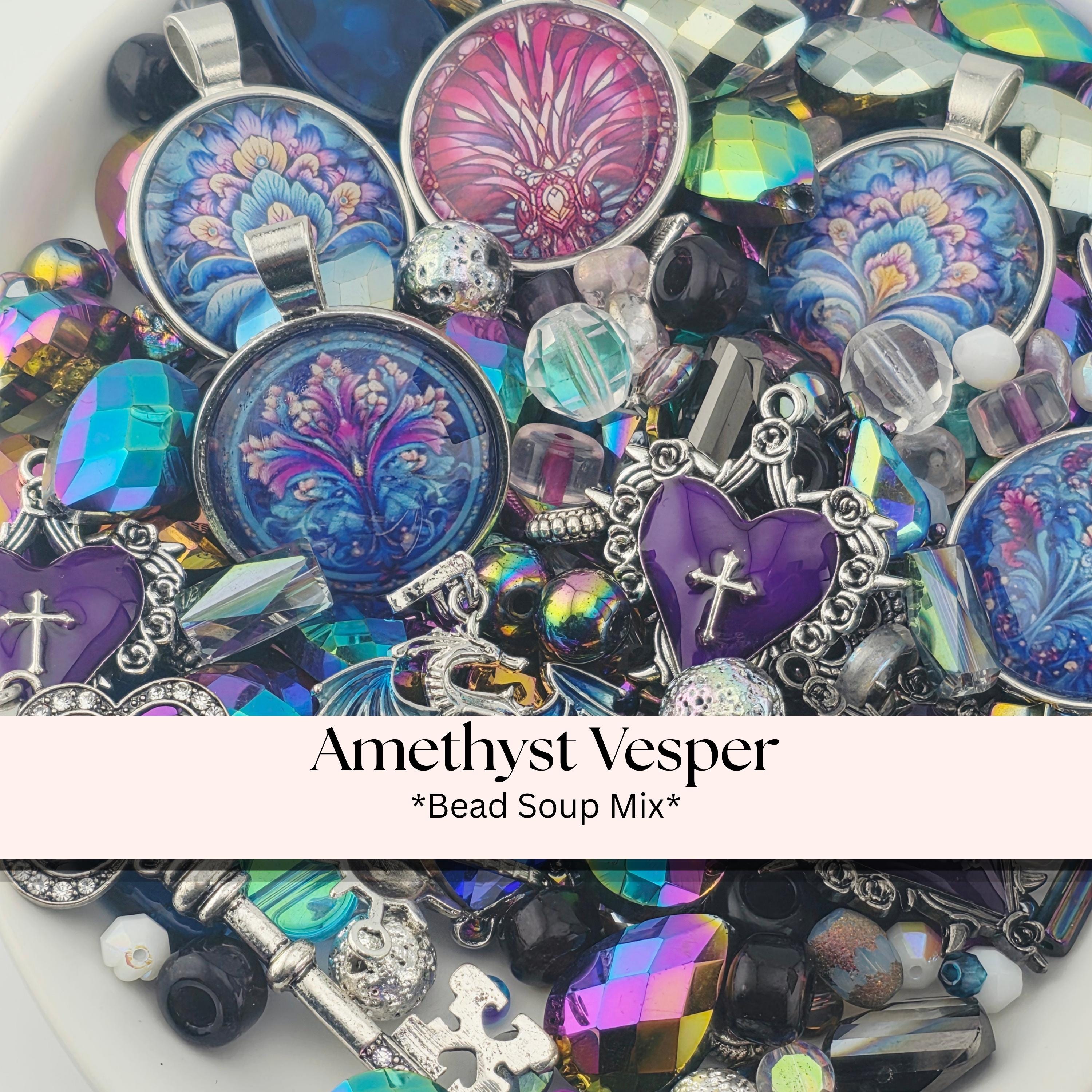 A collection of colorful beads, charms, and pendants, including amethyst stones, arranged in a visually appealing manner.