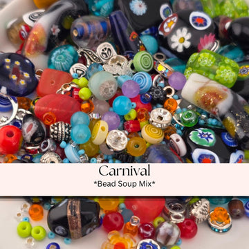 A colorful assortment of beads, charms, and other decorative elements, including glass beads, metal charms, and other embellishments, arranged in a visually appealing manner.