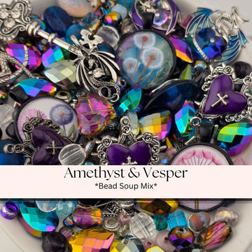 A colorful assortment of beads, charms, and other decorative items, including gemstones, glass beads, and metal ornaments, arranged in a visually appealing manner.
