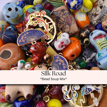 The image is a collage of various colorful beads, charms, and other decorative items, including a fan, a keychain, and a small figurine.