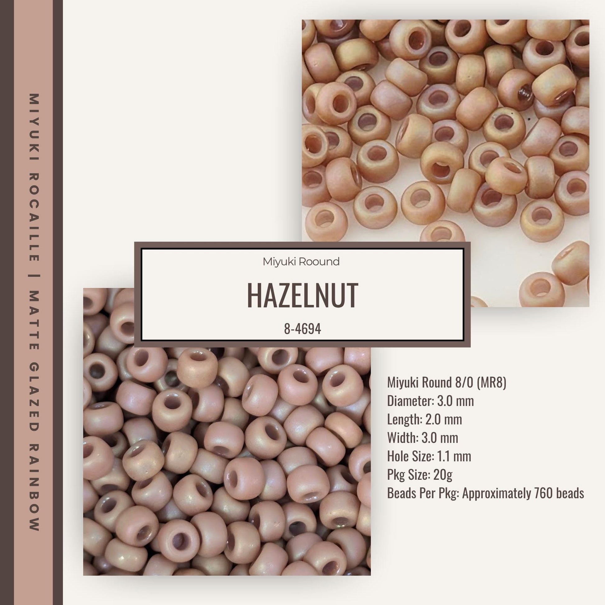 The image is a collage of two photographs. The top photograph shows a large pile of hazelnut beads, while the bottom photograph displays a smaller pile of similar-sized beads. The text in the image provides information about the hazelnut beads, including their size, shape, and weight.