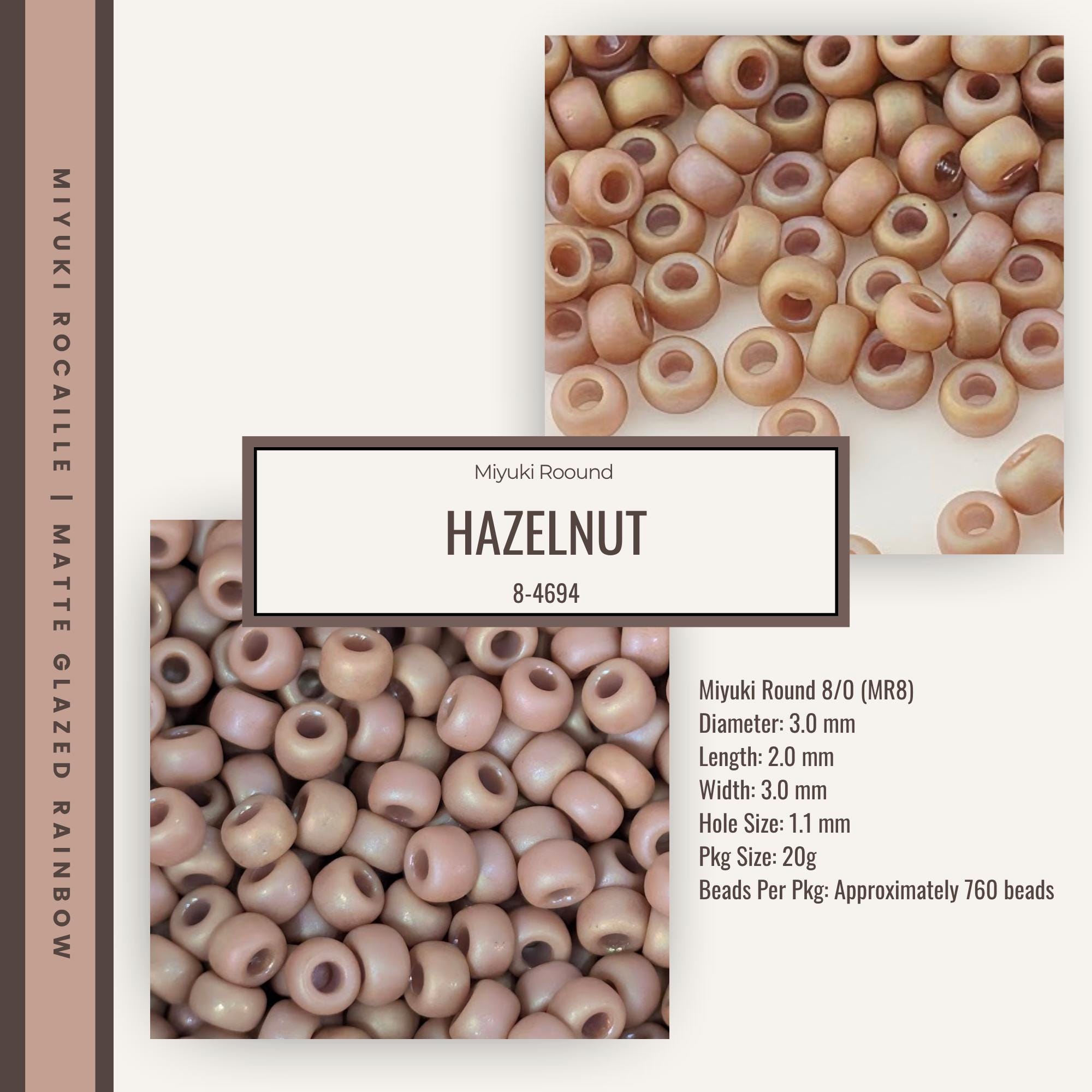 The image is a collage of two photographs. The top photograph shows a large pile of hazelnut beads, while the bottom photograph displays a smaller pile of similar-sized beads. The text in the image provides information about the hazelnut beads, including their size, shape, and weight.