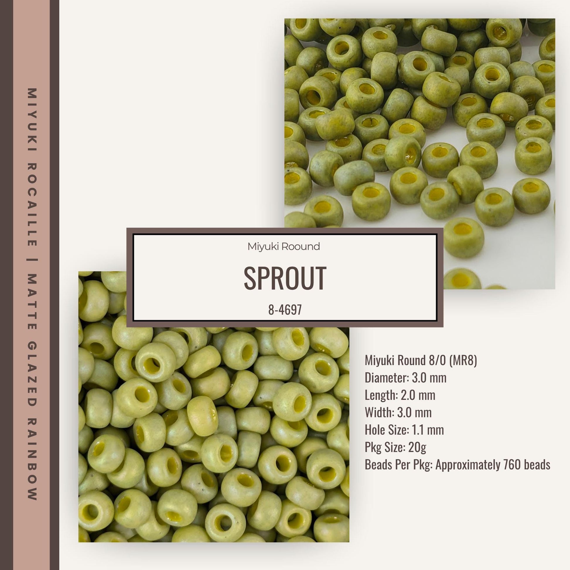 The image is a collage of two photographs. The top photograph shows a large pile of green beads, while the bottom photograph displays a smaller pile of green beads. The text in the image provides information about the beads, including their size, shape, and weight.