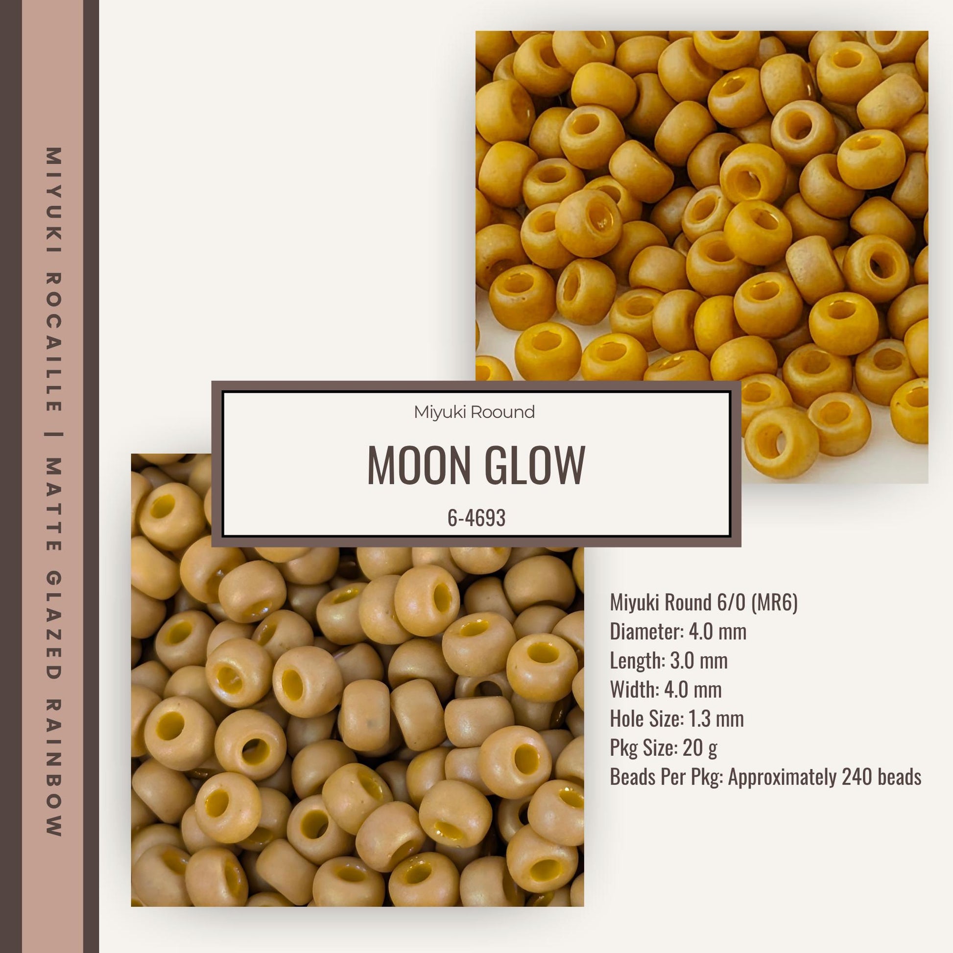 The image is a collage of two images, one showing a large pile of yellow beads and the other showing a smaller pile of yellow beads. The collage includes text providing information about the beads, such as their size, shape, and weight.