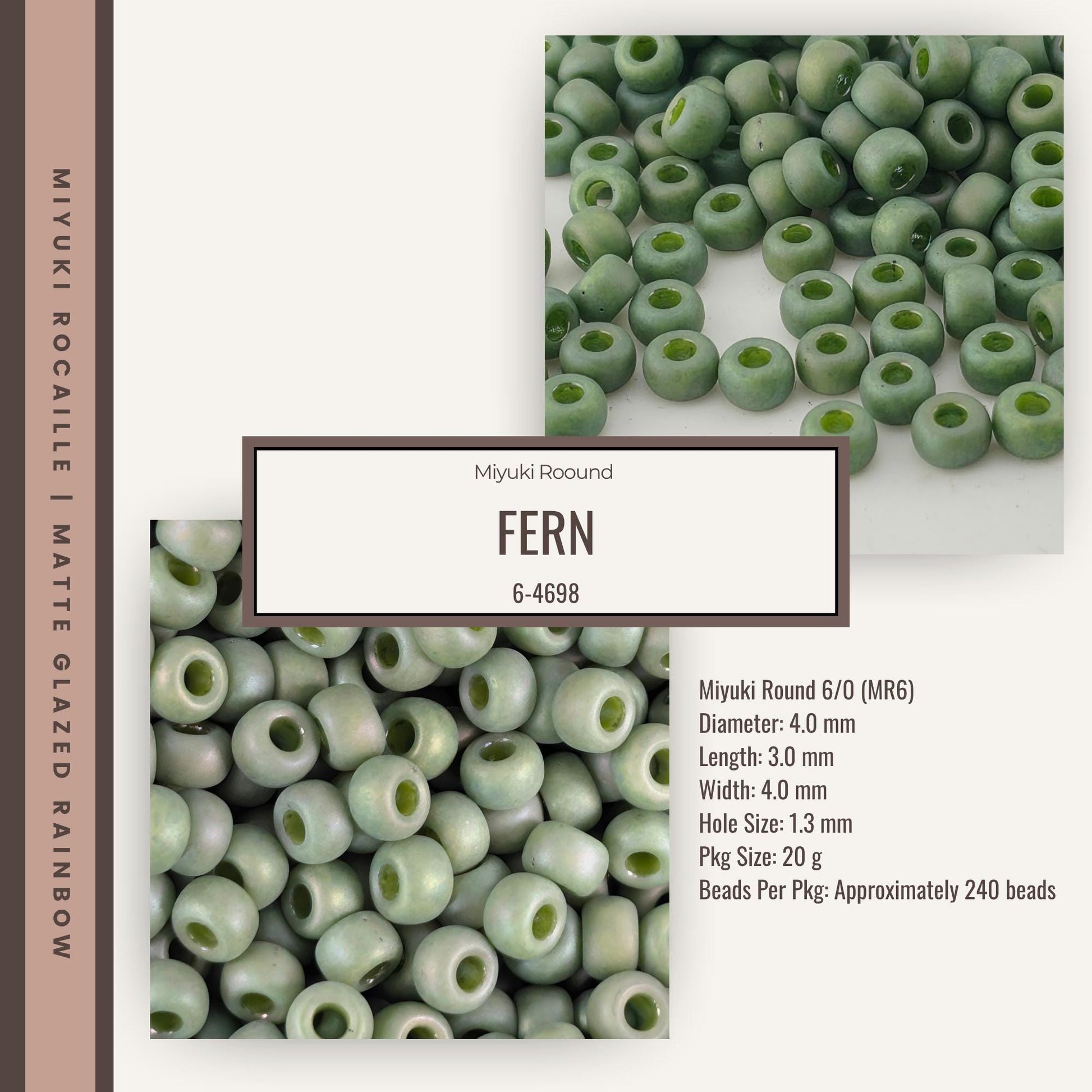 The image is a collage of two photographs. The top photograph shows a large pile of green beads, while the bottom photograph displays a smaller pile of green beads. The text in the image provides information about the beads, including their size, shape, and material.