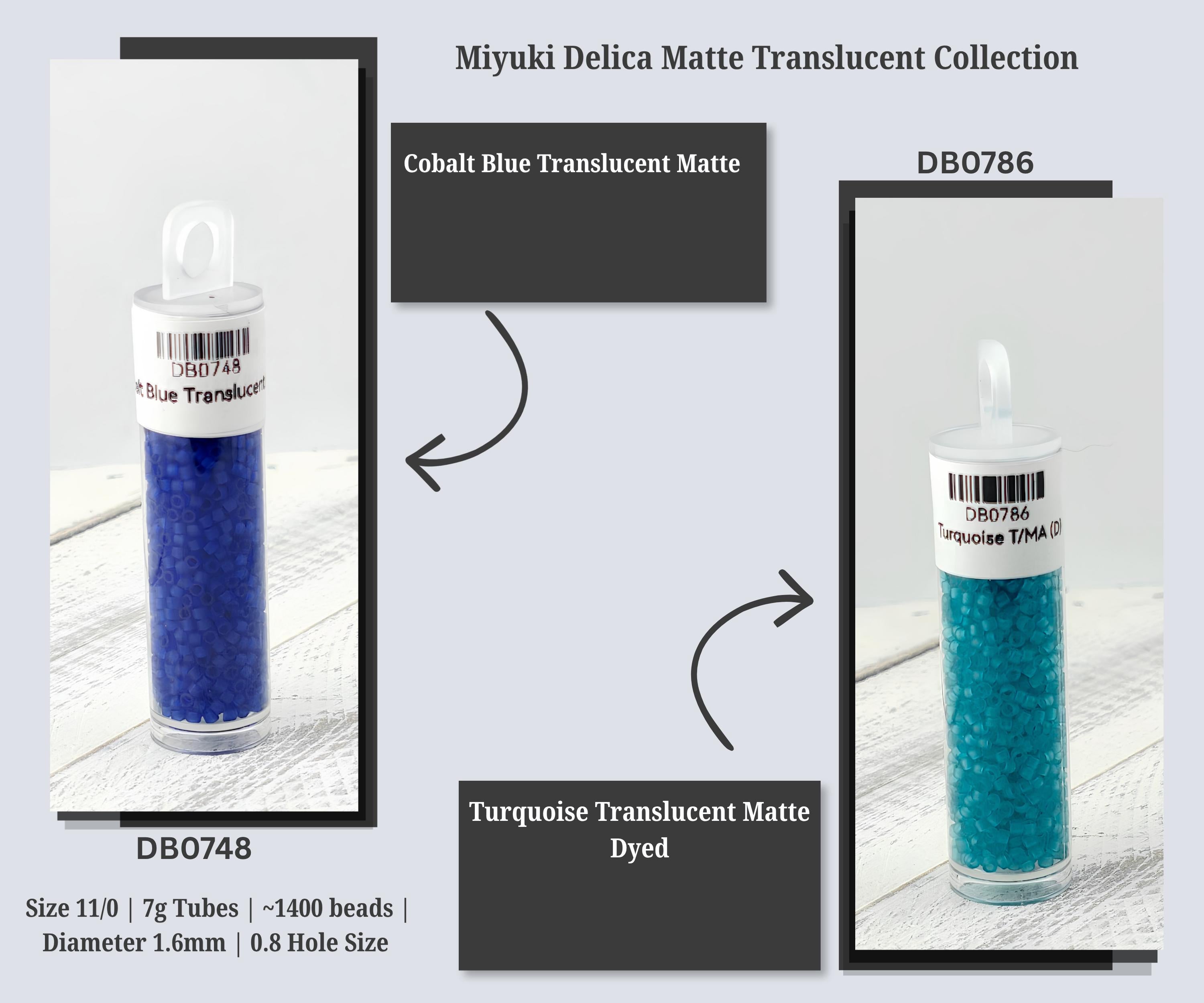 The image is a collage of two images, each showing a bottle of Miyuki Delica Matte Translucent Collection beads. The first image shows a bottle of cobalt blue translucent beads, while the second image shows a bottle of turquoise translucent beads. The collage provides information about the beads, including their size, number of tubes, and the type of material they are made of.