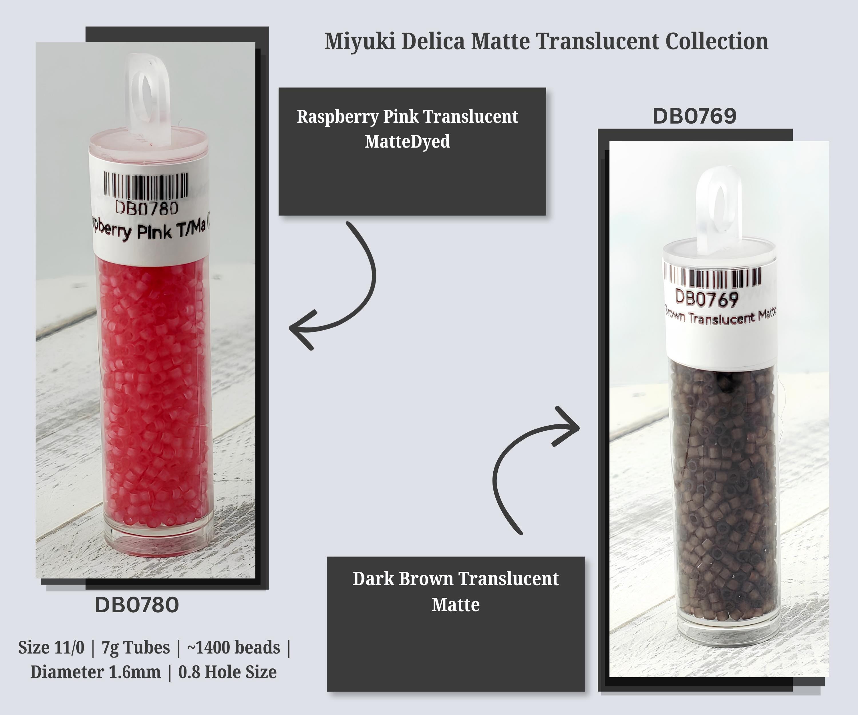 The image is a collage of two images, each showing a different type of bead: raspberry pink translucent and dark brown translucent matte. The raspberry pink translucent beads are in a tube labeled "DB0780" and are described as having a size of 11.7g tubes and a diameter of 1.6mm. The dark brown translucent matte beads are in a tube labeled "DB0769" and are described as having a size of 11.1g tubes and a diameter of 1.8mm.