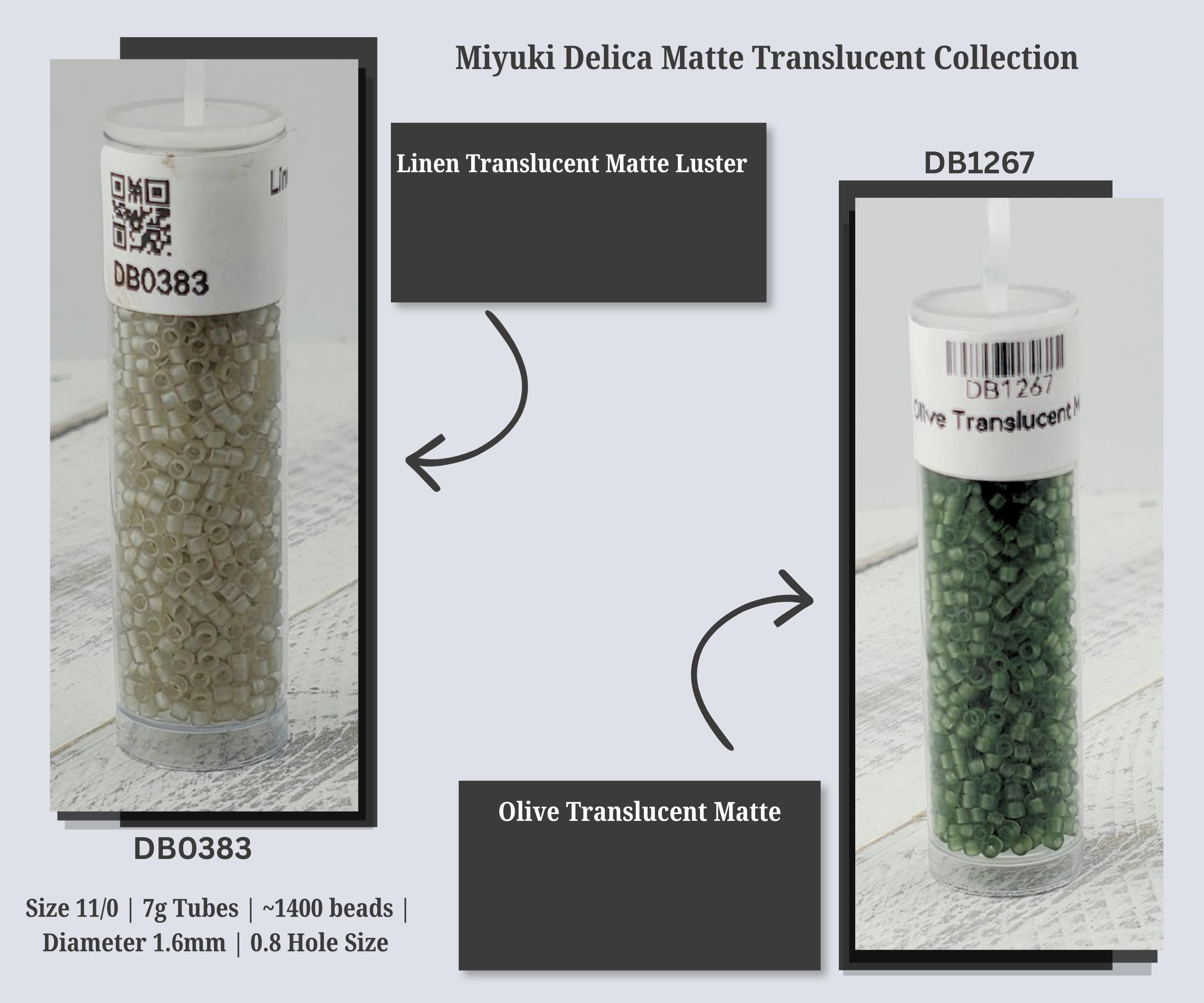 two transparent tubes filled with different colored beads, labeled as "Miyuki Delica Matte Translucent Collection" and "Olive Translucent Matt". The first tube contains white beads, and the second tube contains green beads. The image also includes text providing information about the size, number of beads, and hole size of the beads in the transparent tubes.