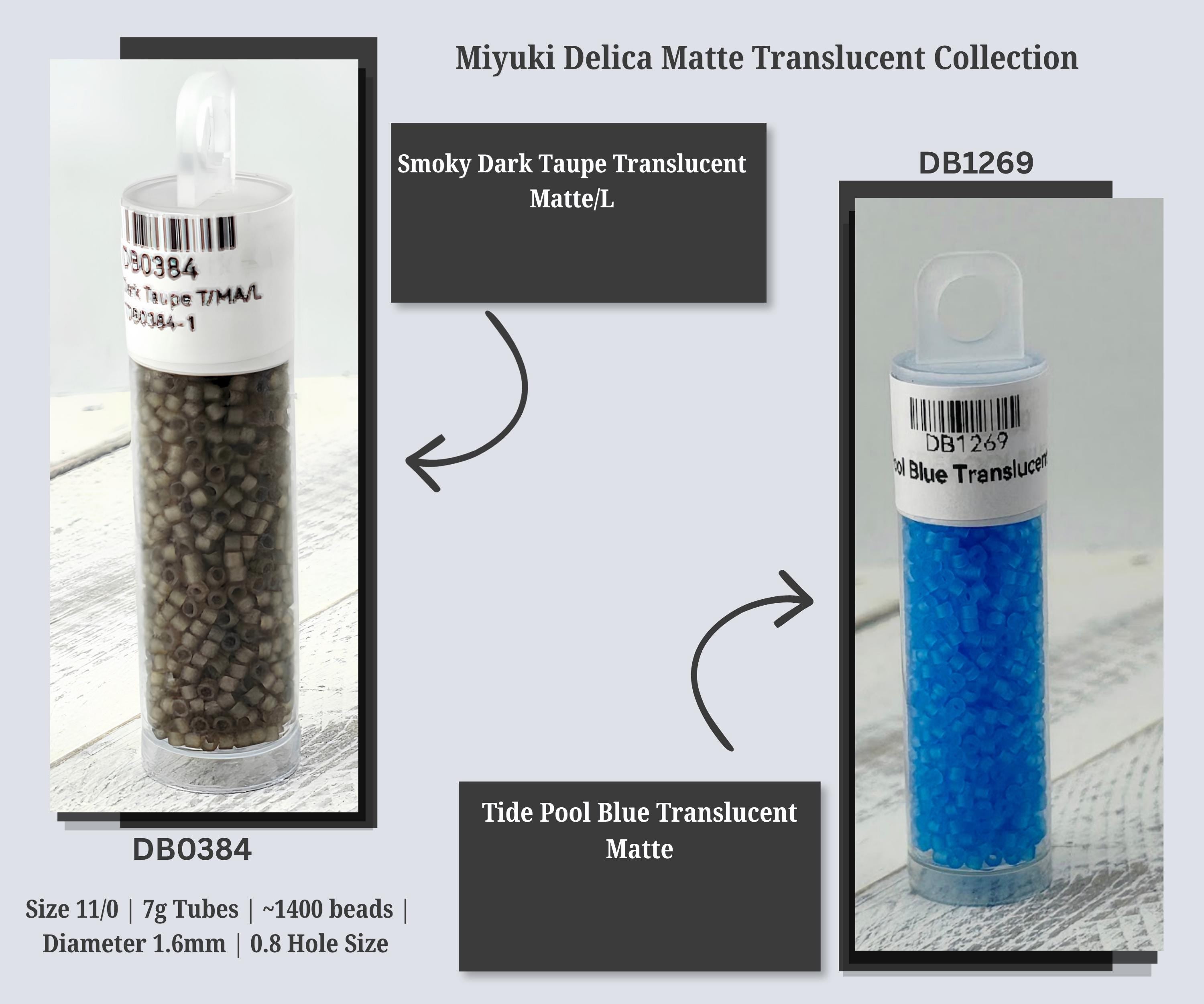 The image is a collage of two images, each showing a different type of translucent material: a tube of black beads and a tube of blue beads. The black beads are labeled as "Smoky Dark Taupe Translucent Matte L" and the blue beads are labeled as "Tide Pool Blue Translucent Matte". The images are labeled with text that provides information about the size, number of beads, and hole size of each tube.