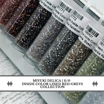 May include: A collection of Miyuki Delica 11/0 beads in red and grey tones, stored in clear cylindrical tubes. Each tube features a white label with a barcode and text including Inside Color Lined Red/Greys Collection and specific product codes.
