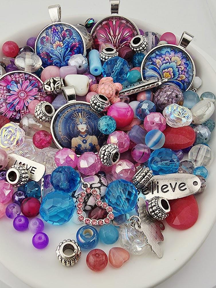 Mulberry and Rose Bead Soup Mix | Mulberry, Rose and Black Glass Beads | LOVE Charm and Crystal Heart Pendants | DIY Jewelry Making