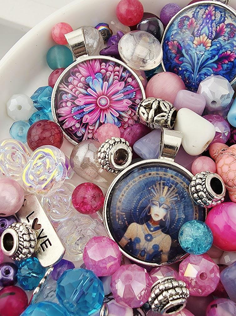 Mulberry and Rose Bead Soup Mix | Mulberry, Rose and Black Glass Beads | LOVE Charm and Crystal Heart Pendants | DIY Jewelry Making