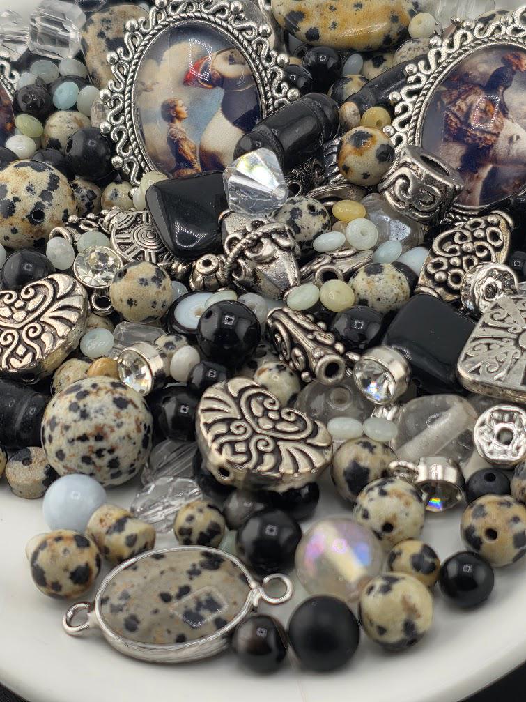 Folklore Bead Soup Mix | Black, Cream and Jasper Glass Beads | Fantasy Portrait Cabochon Pendants | DIY Jewelry Making | Learise Curated Mix