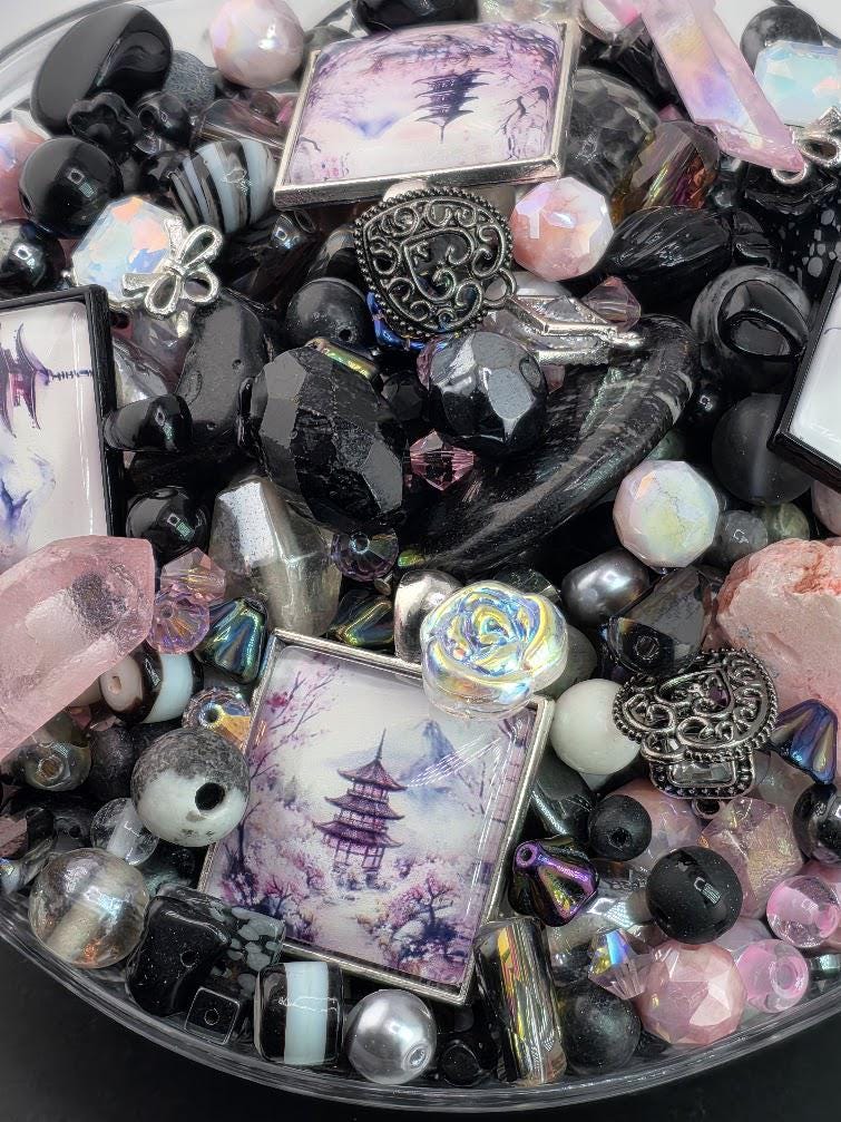 Sakura Mist Bead Soup Mix | Soft Pink Black Glass Beads | Pagoda Mt. Fuji Cabochon Pendants | DIY Jewelry Making | Learise Curated Mix